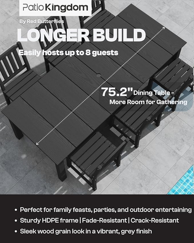 7-Piece Black Outdoor Dining Set with White 15FT Large Patio Umbrella, 75.2'' HDPE Table & Chairs for 6, Weather-Resistant Furniture with Umbrella Hole for Patio, Lawn, Poolside