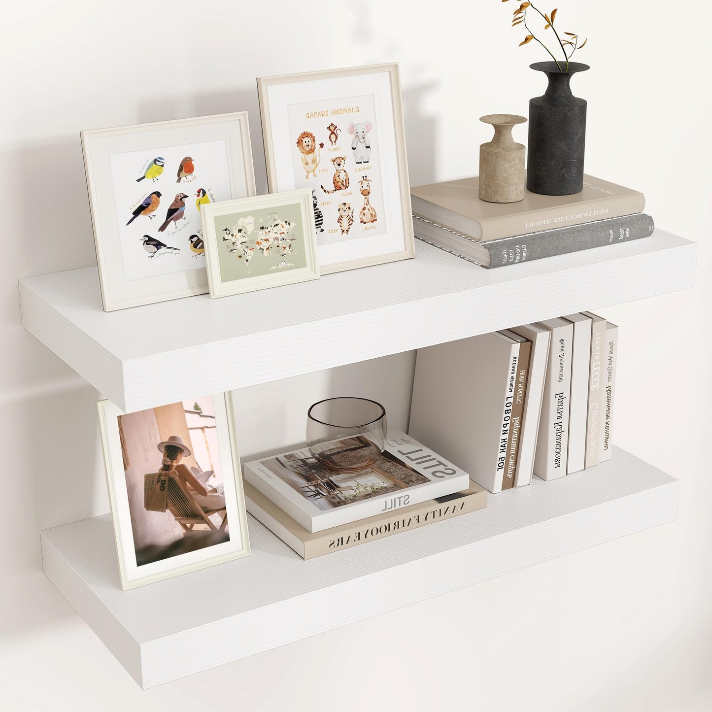 Venusmiles Floating Shelves for Wall, Engineered Wood Wall Shelves with Invisible Brackets for Living Room Bedroom Bathroom Office Kitchen Decor and Storage (White, 24" W x 9" D x 1.5" H) Set of 2