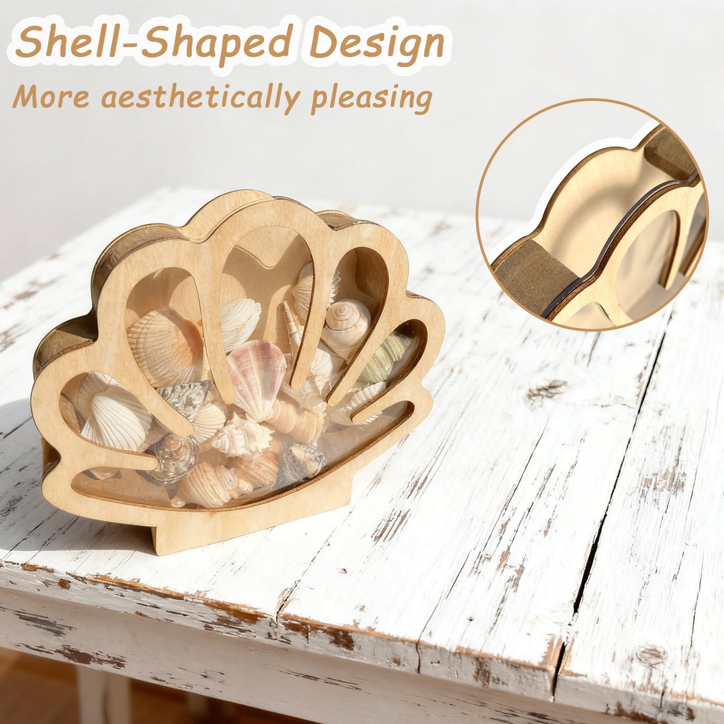 SEP SHIZHI Wooden Seashell Display Case with Acrylic Window, Sea Shell Holder, Sea Glass Shark Tooth Starfish Storage Collection Shadow Box, Memory Keepsake Box, Coastal Home and Room Decor