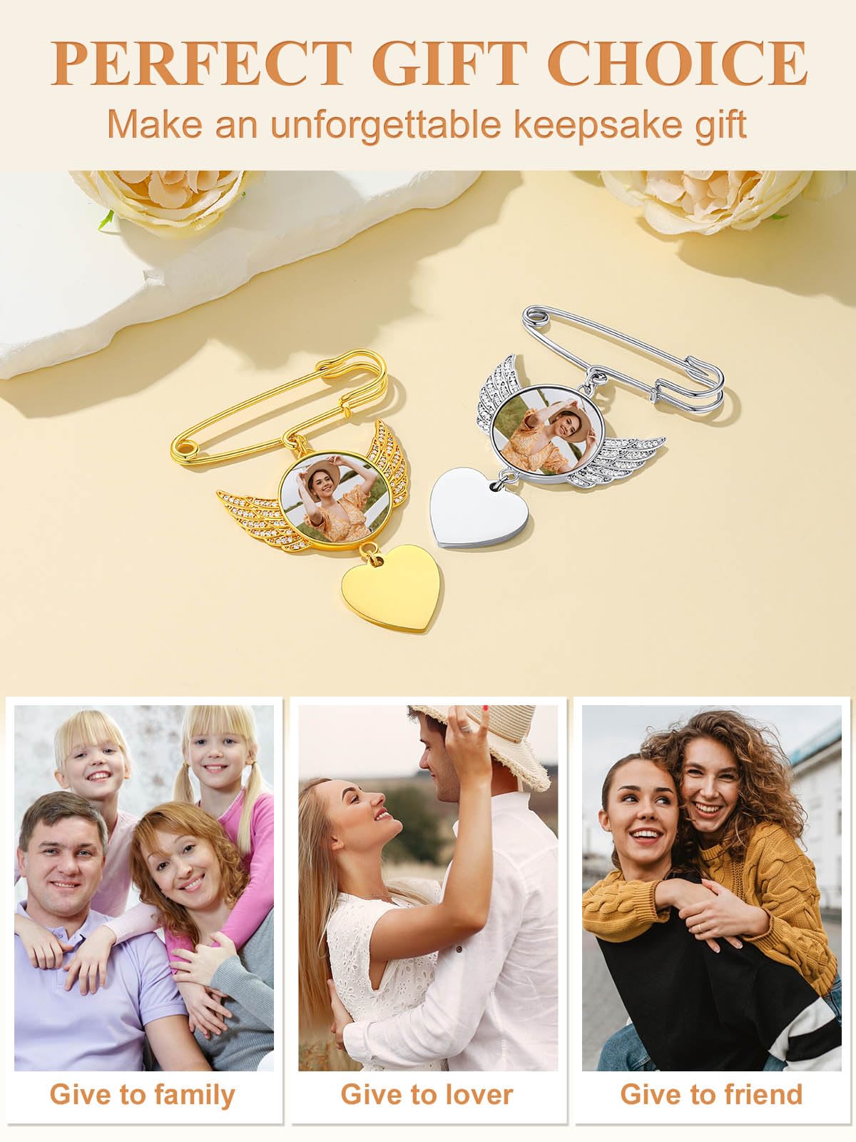 Custom4U Wedding Flower Charms Photo Customize Heart Shaped with CZs for Graduation Funeral