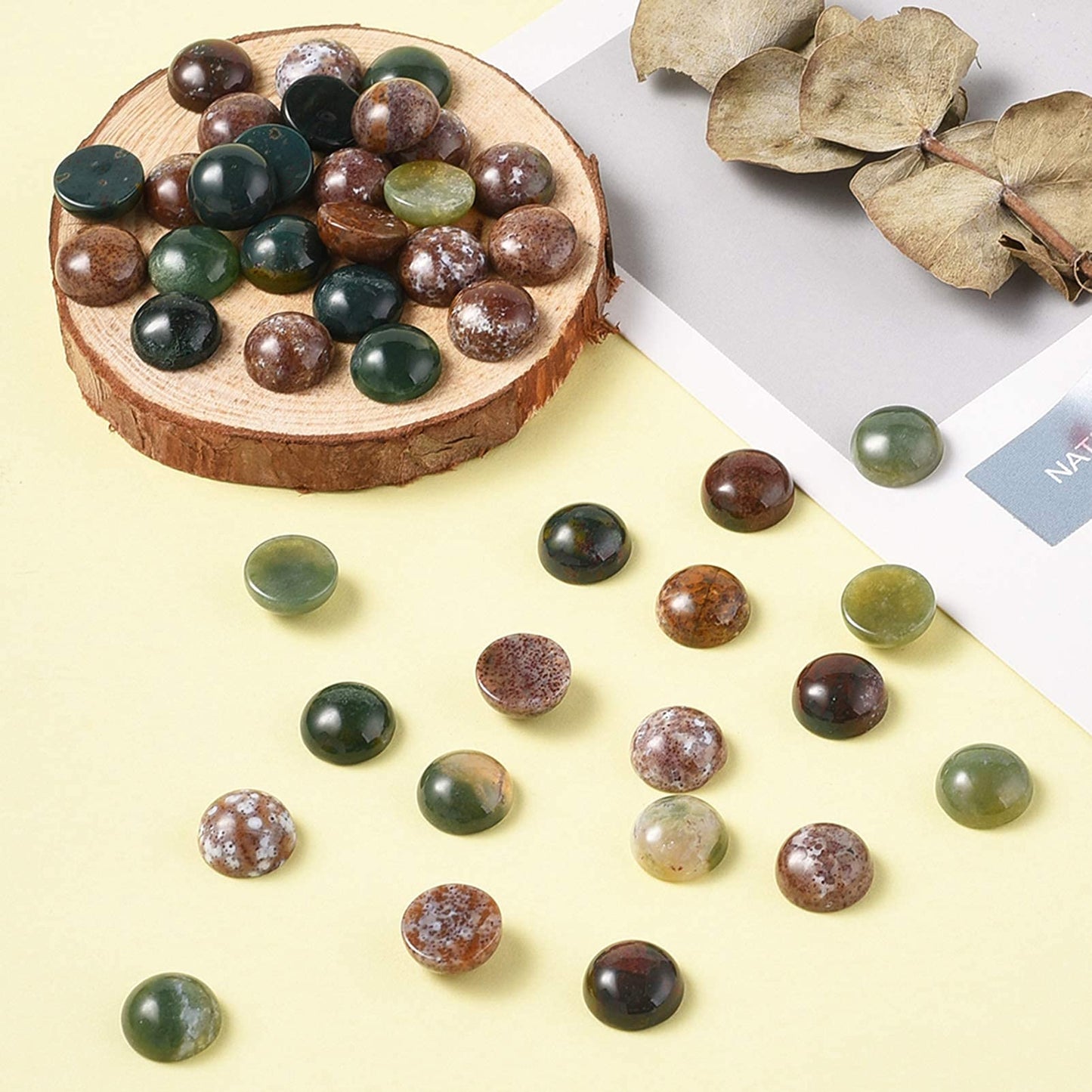 Fashewelry 50Pcs Natural Indian Agate Cabochons Colorful Stone Half Round Beads 10mm Flat Back Gemstone Chakra Healing Crystal Dome Cover Cabs for Jewelry Making