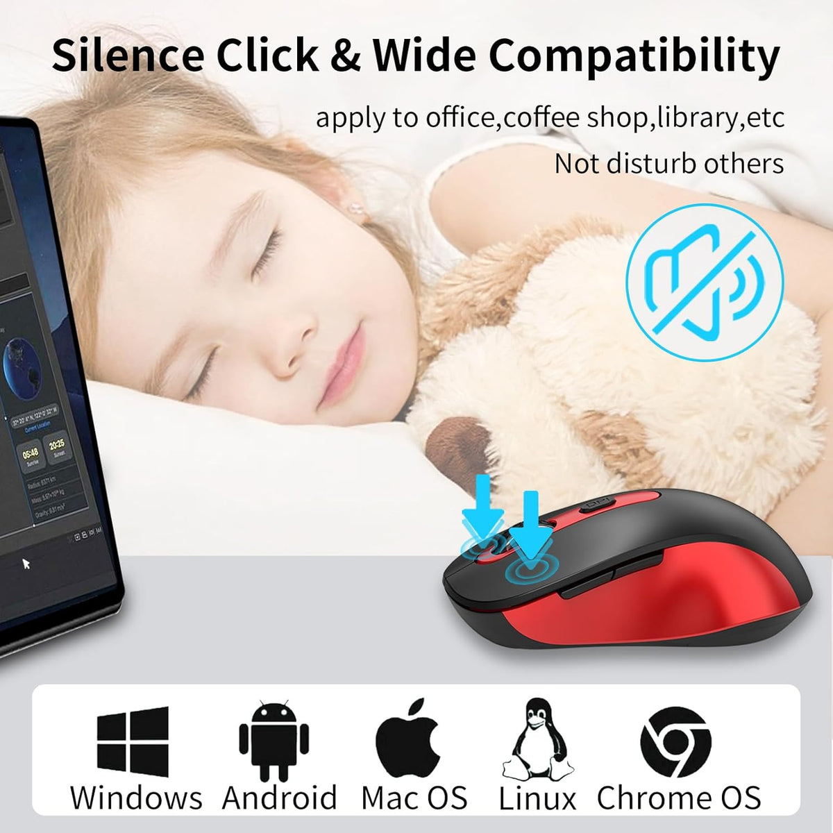 Wireless Mouse for Laptop, PC, Chromebook, Mac, MacBook, Silent Mouse with USB Nano Receiver, Side Button, 2400 DPI, Anti Slip Roller, 6 Button Ergonomics Cordless Computer Mice - Black Red