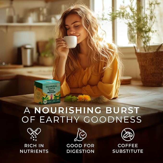Gya Tea Co Dandelion Leaf & Root Herbal Tea Bags (50 Bags) - Caffeine Free with a Tangy Flavor for All Day Comfort, Calming, Relaxing & Nourishing - Fruit & Herbal Blends