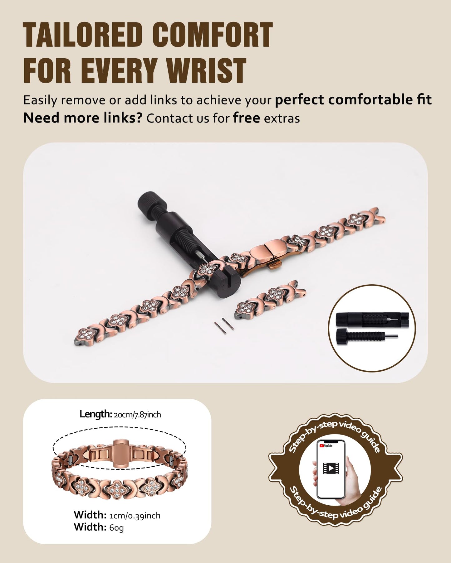 Jecanori 5X Strength Magnetic Copper Bracelet for Women —Updated 5,000 Gauss Ellipse Magnets — Premium Butterfly Clasp & Adjustable Length,Copper Four-Leaf Clover