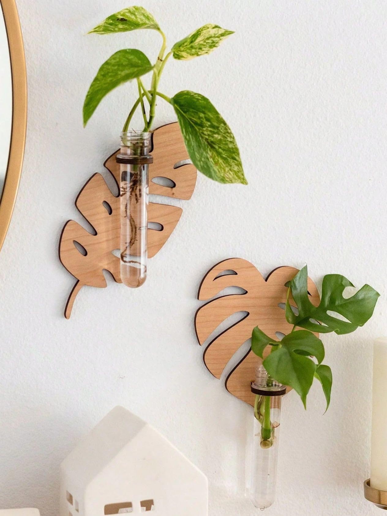 Edgiyuo 2 Pcs Leaf Shape Wooden Wall Planters with Test Tube Vase - Indoor Propagation Station for Home Garden Decor