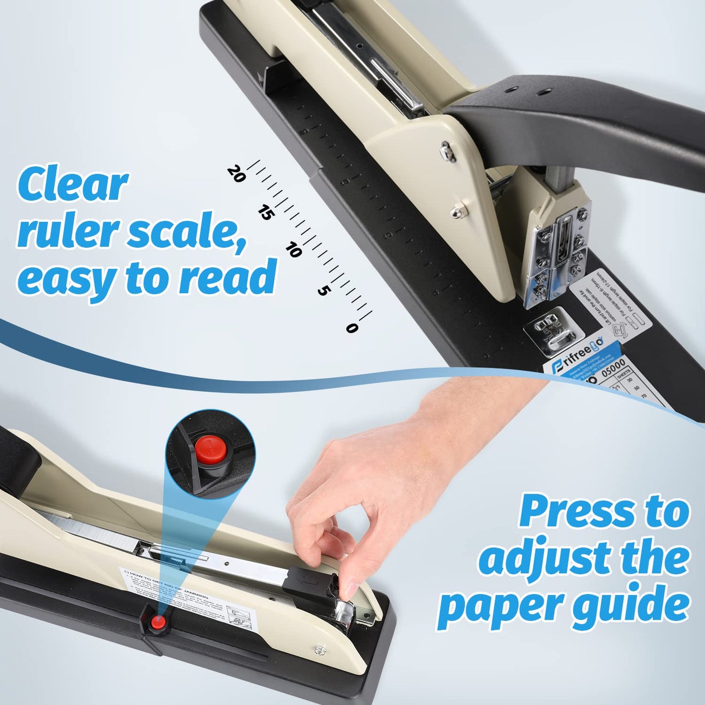 Frifreego Long Reach Stapler, Heavy Duty Long Arm Stapler, 200 Sheets Capacity, 4000 Staples Gift, 9.84” Adjustable Stapling Depth Suitable for Booklets & Office Document, Fixable Paper Guide