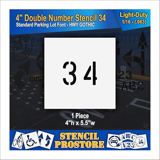 Pavement, Curb, and WheelStop Stencils - 4 inch Double Number Stencil - (34) - 4" x 5.5" x 1/16" (63 mil) - Light-Duty
