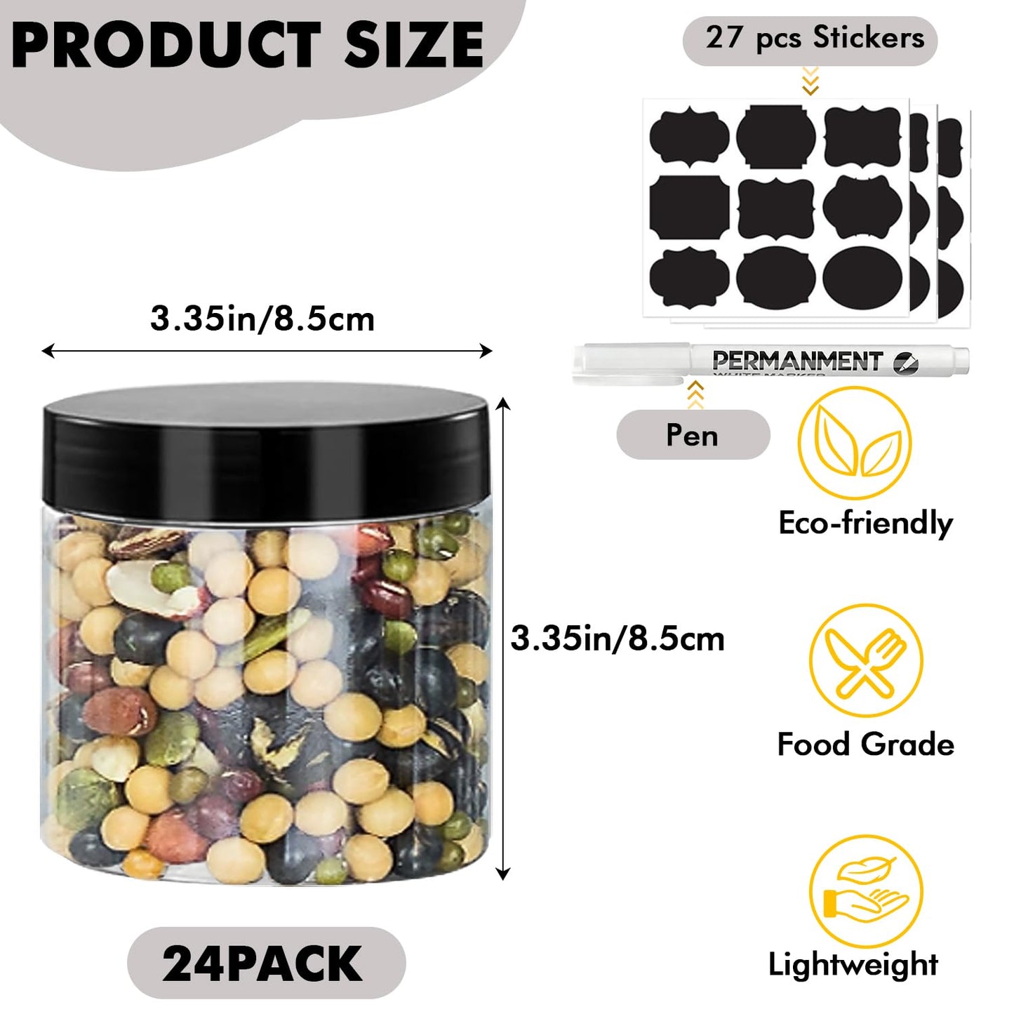 WYIPOLZI 12oz Plastic Jars with Lids, 24 Pack Clear PET Jars Containers with Black Lids, Leakproof Round Plastic Storage Jar with Pen & Labels for Dry Food Storage, Candy, Crafts