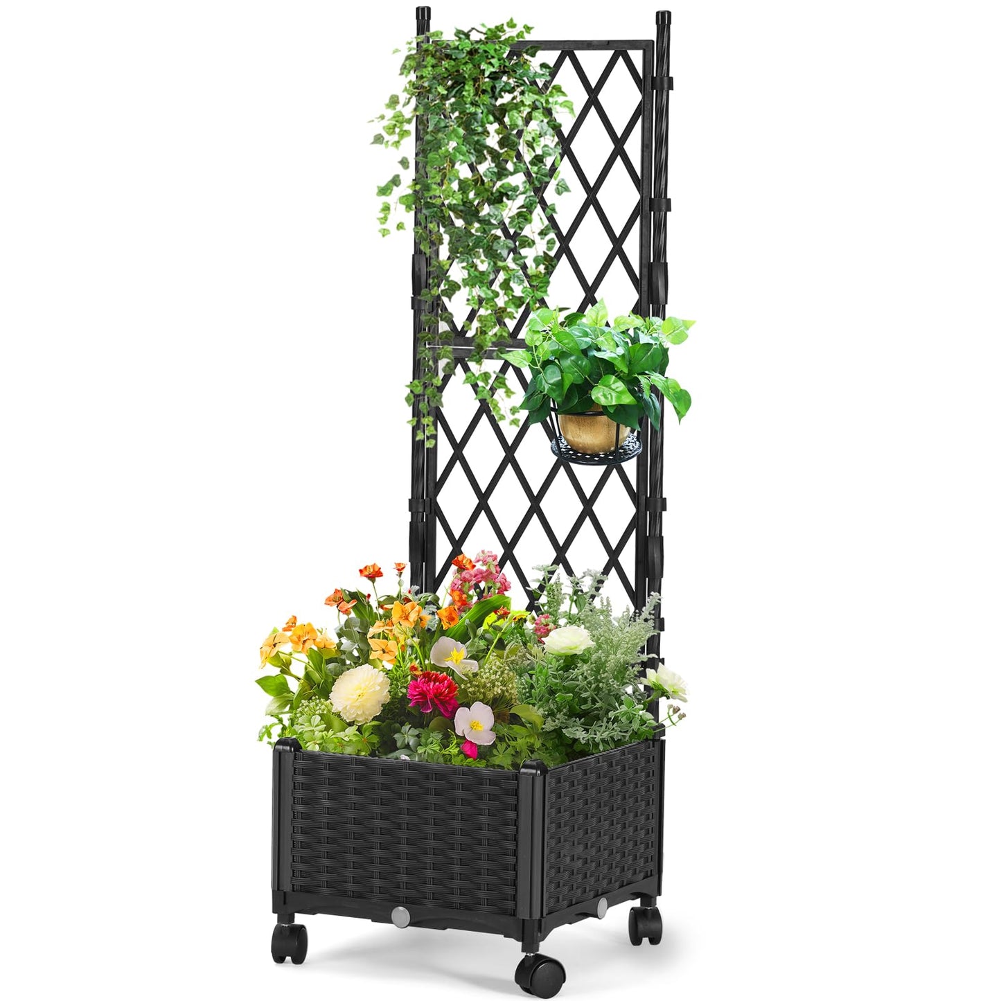 FOLLOOK Planter Box with Trellis, 4ft Tall Self-Watering Plastic Raised Garden Beds and Lattice Trellis with Lockable Wheels & Drain Plug for Outdoor Patio Backyard Balcony, Black, 1 Pc