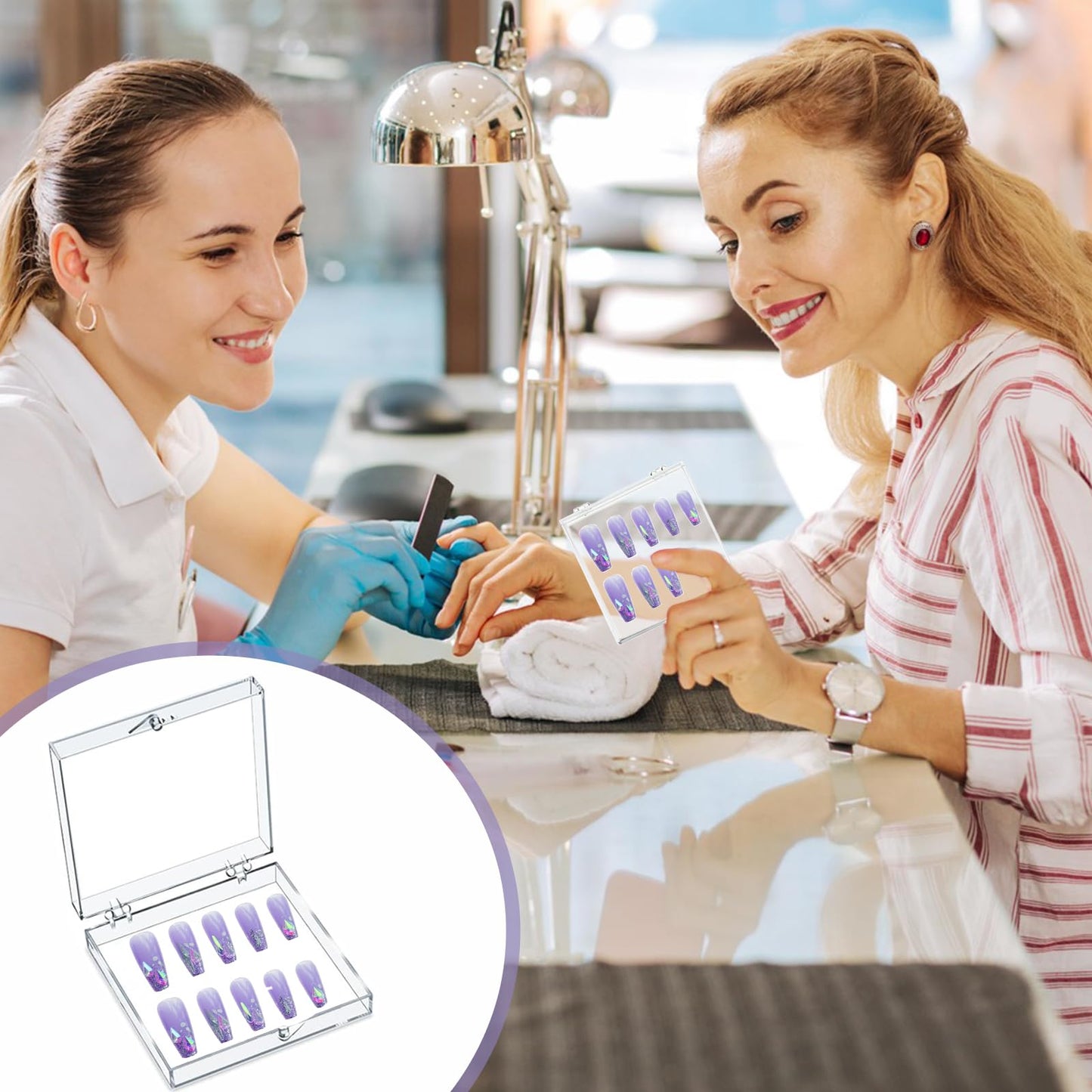 30 Sets Press on Nail Box Nail Display Case Artificial Nail Display Storage Box with 60 Pcs Adhesive Double Sided Tape Press On Nail Packaging for Nail Salon (Clear, 2.76 x 2.76 inch)