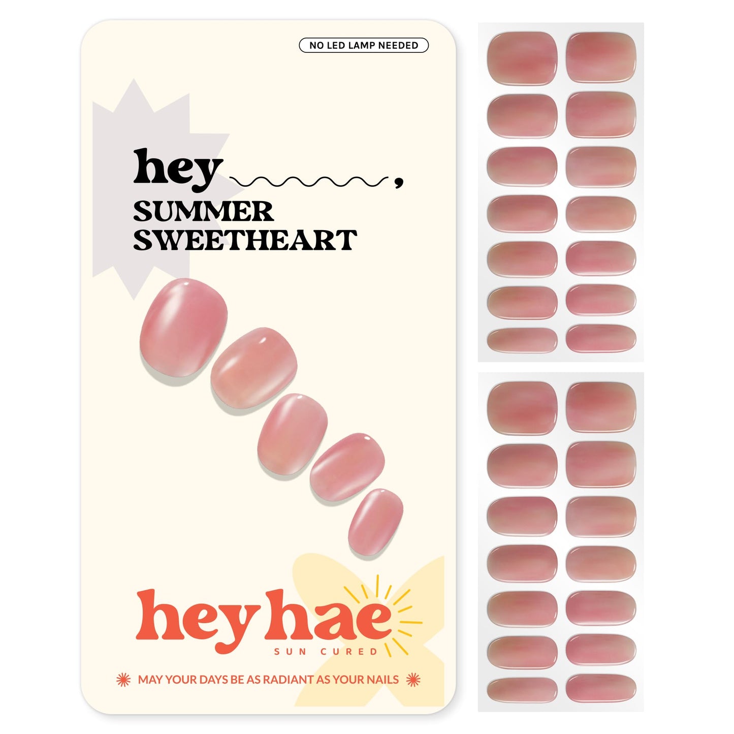 Heyhae Semi Cured Gel Nail Strips | No LED Lamp Needed | Solid, Pink, Spring | Easy Apply & Remove, Salon Quality | Includes 28 Strips, 1 Prep Pads, Nail File & Wooden Stick - Hey, Summer Sweetheart