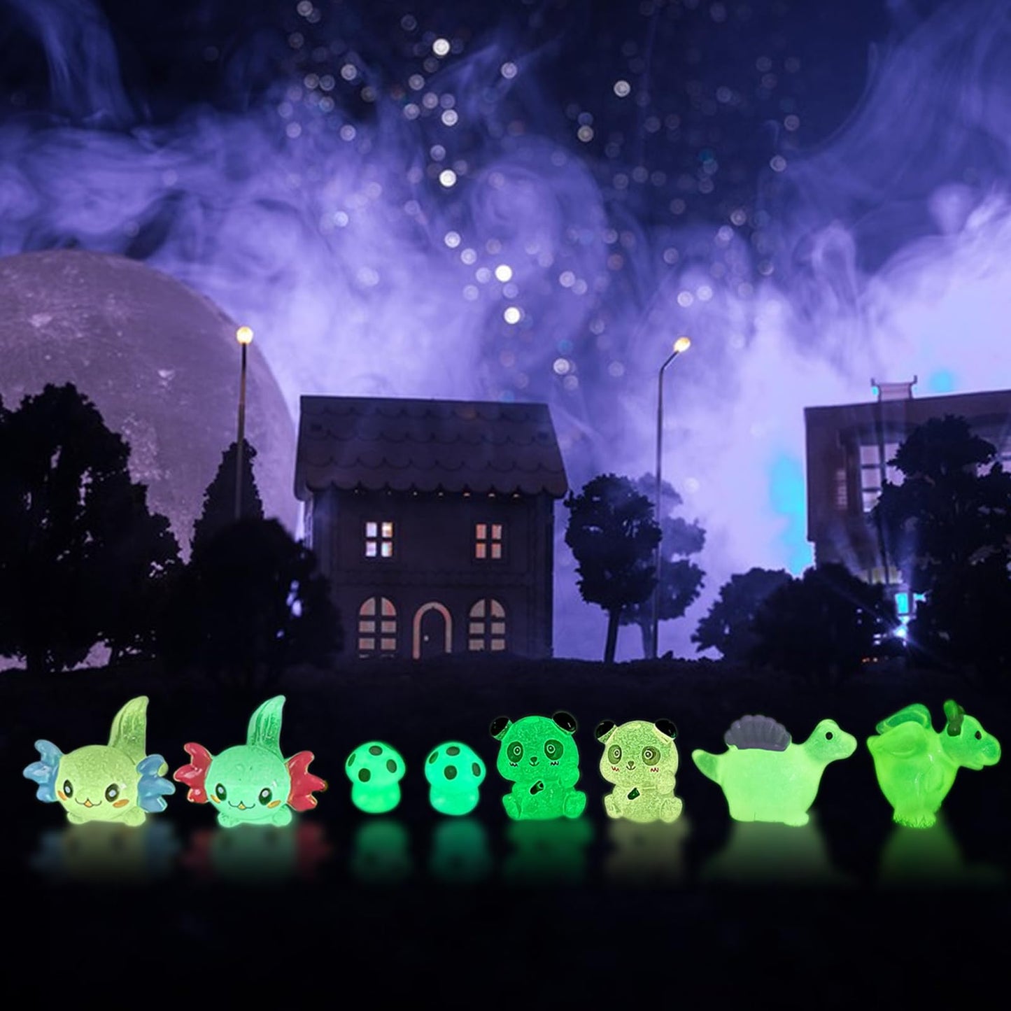 HOMICO 69 PCS Luminous Mini Resin Animals Kit Include Miniature Axolotl Panda Dinosaur Figurines and Tiny Mushroom Tiny Resin Animals for Garden Micro Landscape Aquarium Dollhouse Decor