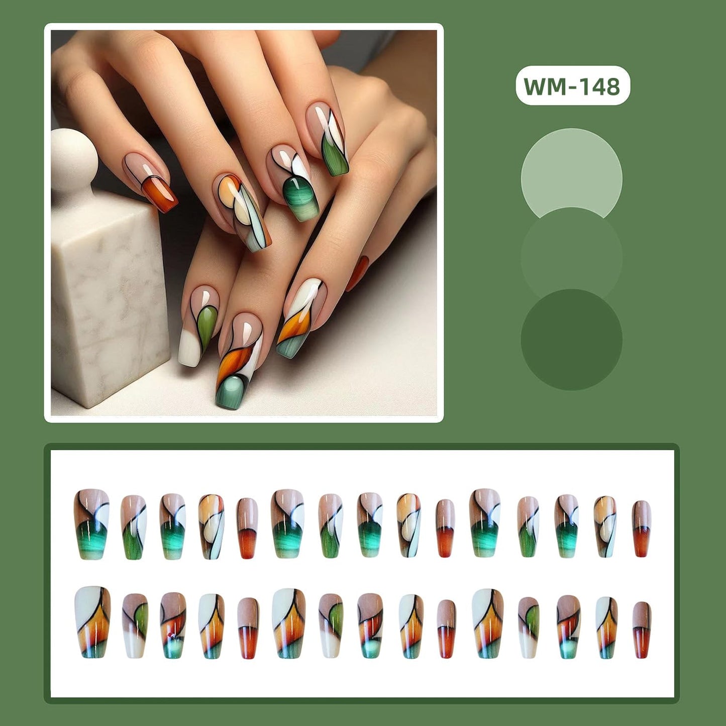 24Pcs Medium Square Fake Nails Color Collision Press on Nails with Artistic Lines Designs Spring Summer Nails Glue on Acrylic False Nail Full Cover Glossy Stick on Nail for Women Manicure Kit