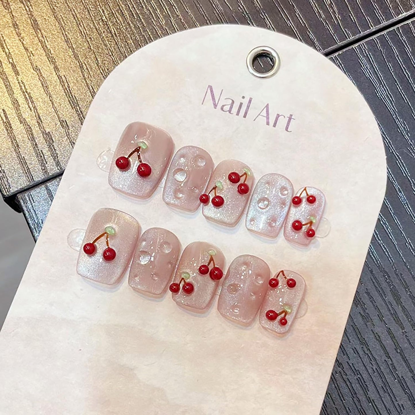 Press On Glossy Full Cover Acrylic Short Length Square False Nails with Cherry Designs Artificial Square Shaped Fake Nails with Charms Glue ons Fingernails for Women Girls