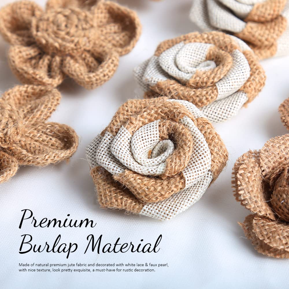 LEOBRO 33PCS Handmade Burlap Flowers Set, 8 Styles Rustic Artificial Flowers & 3 Styles Craft Burlap Lace Pearl Bowknot, for Wedding Home Decoration Christmas Party DIY Craft Bouquets