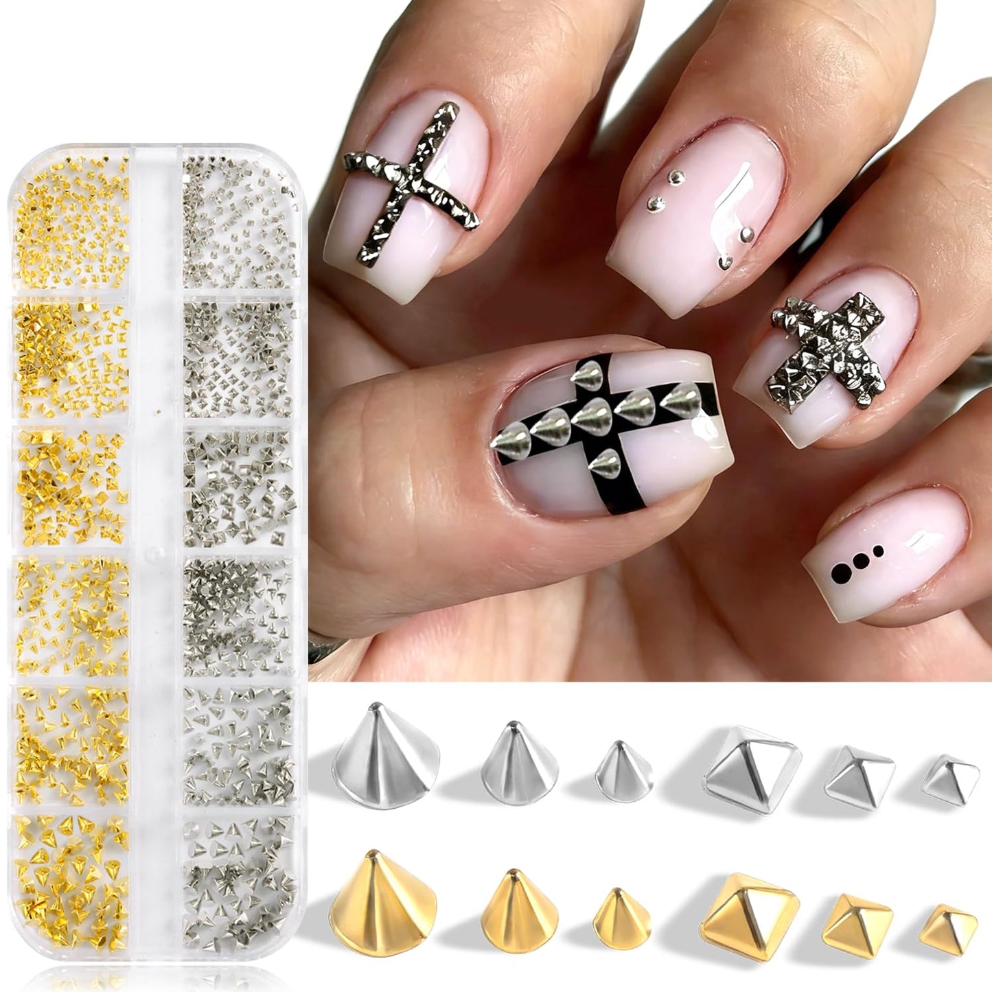 Furtherpretty Cone Spike Nail Charms Set, 3D Tiny Metal Square Pyramid Studs for Nails, Mixed Sizes Gold & Gunmetal Flat Back Punk Nail Charms, Gothic Y2K Rock Edgy DIY Manicure Decorations