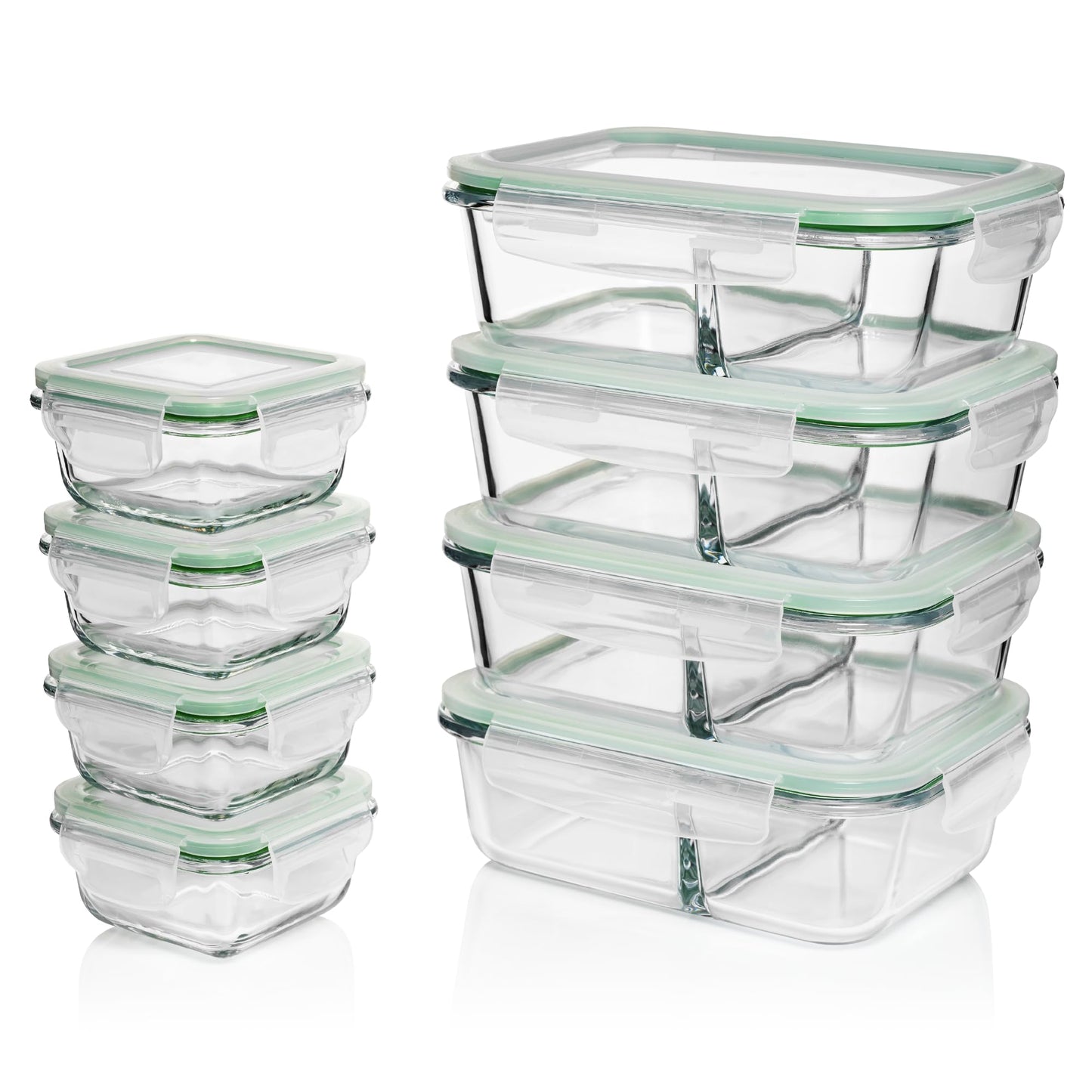 Fusion Gourmet Glass Meal Prep Containers with Lids [8 Pack, 33 oz & 4.5 oz] - 2 Compartment Divided Glass Bento Boxes for Adults, Oven Safe & Airtight