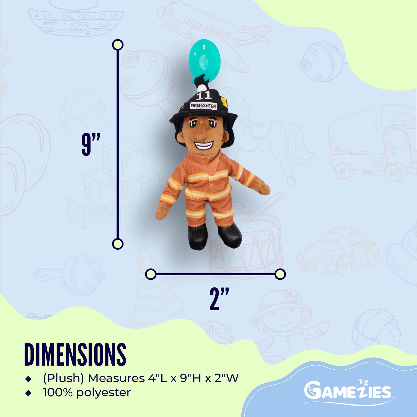 Gamezies Baby Boy and Girl Silicone First Responder Firefighter Stephen Pacifier with Detachable Plush Toy Holder, CPSIA Tested, BPA-Free 0-6 Months