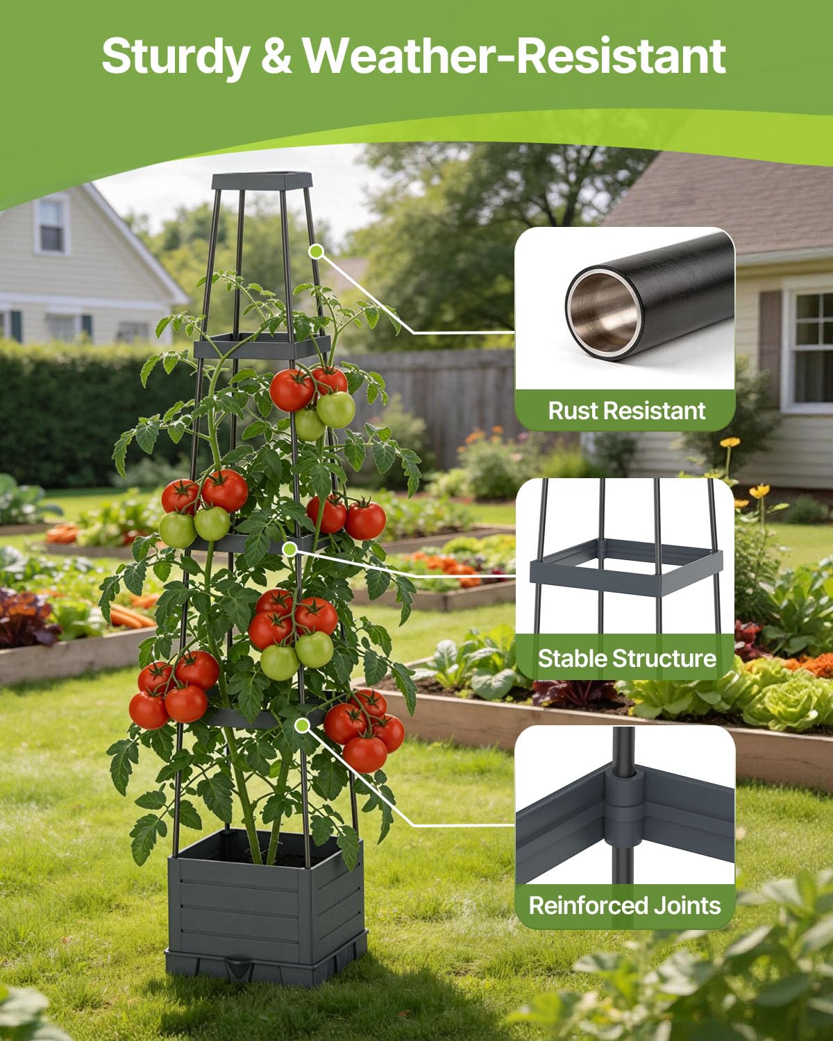 Suteck 1-Pack Raised Garden Bed Planter Box with Trellis, Self-Watering Tomato Planter with Adjustable Height Steel Support Frame for Climbing Plants, Tomato Cages for Patio, Balcony & Outdoor