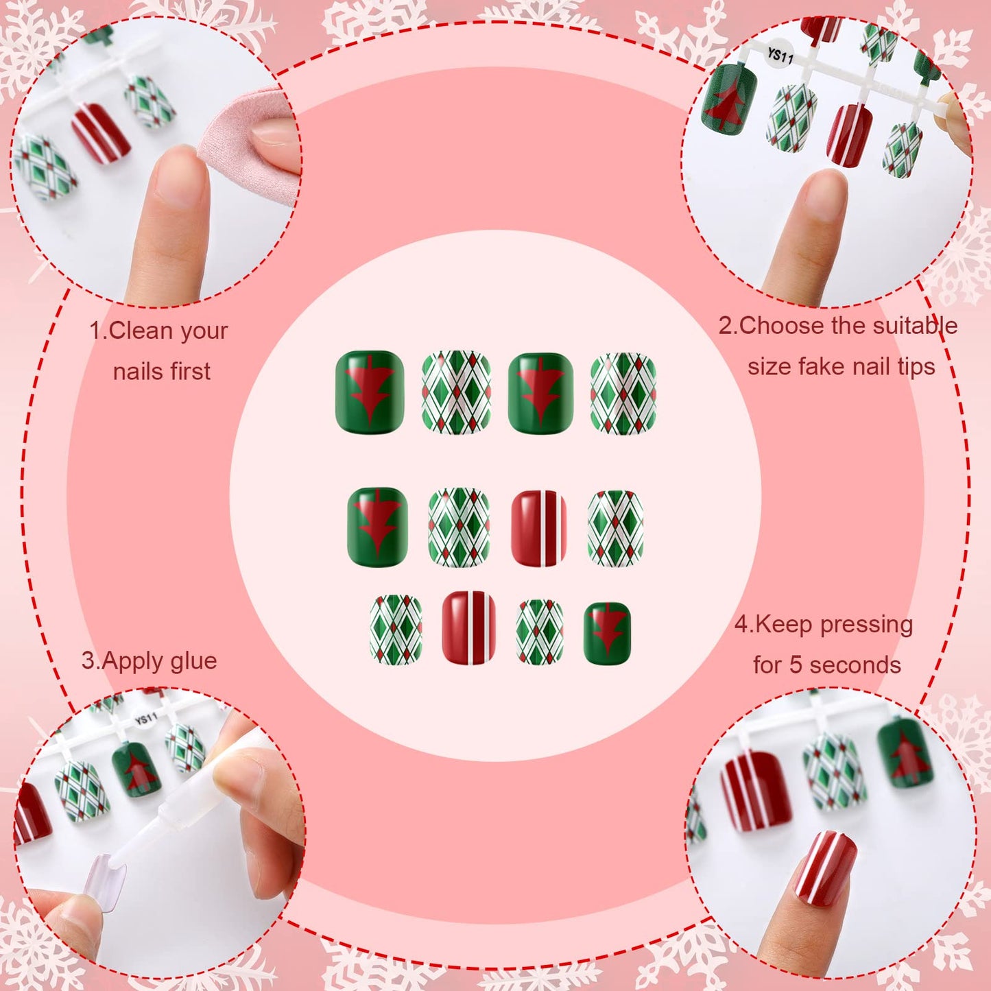 Kacctyen 384pcs 16pack Christmas Press on Nails Winter Square Short Red Fake Nails with Santa Elk Snowflake Pattern Glue on for Women Girls(Bright Pattern)