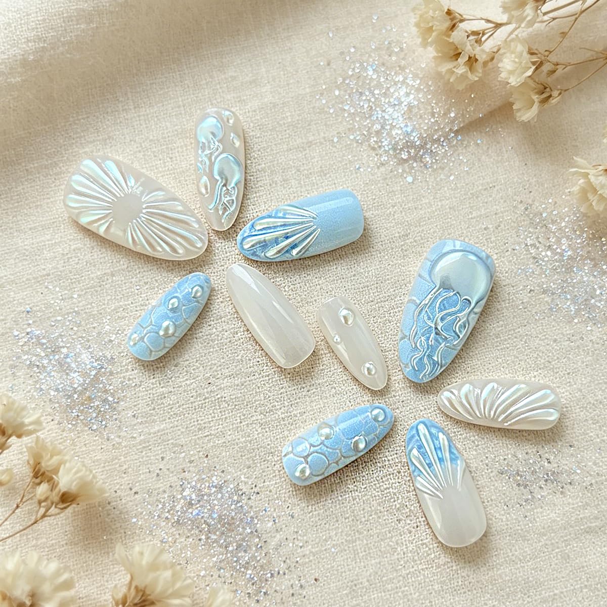 3D Press On Nails Almond Medium Light Blue Fake Nails with Embossed Fan-Shaped Pattern Pearl Embellishment Designs, Acrylic Artificial Nail Press ons False Stick On Nails for Women Girls 30Pcs
