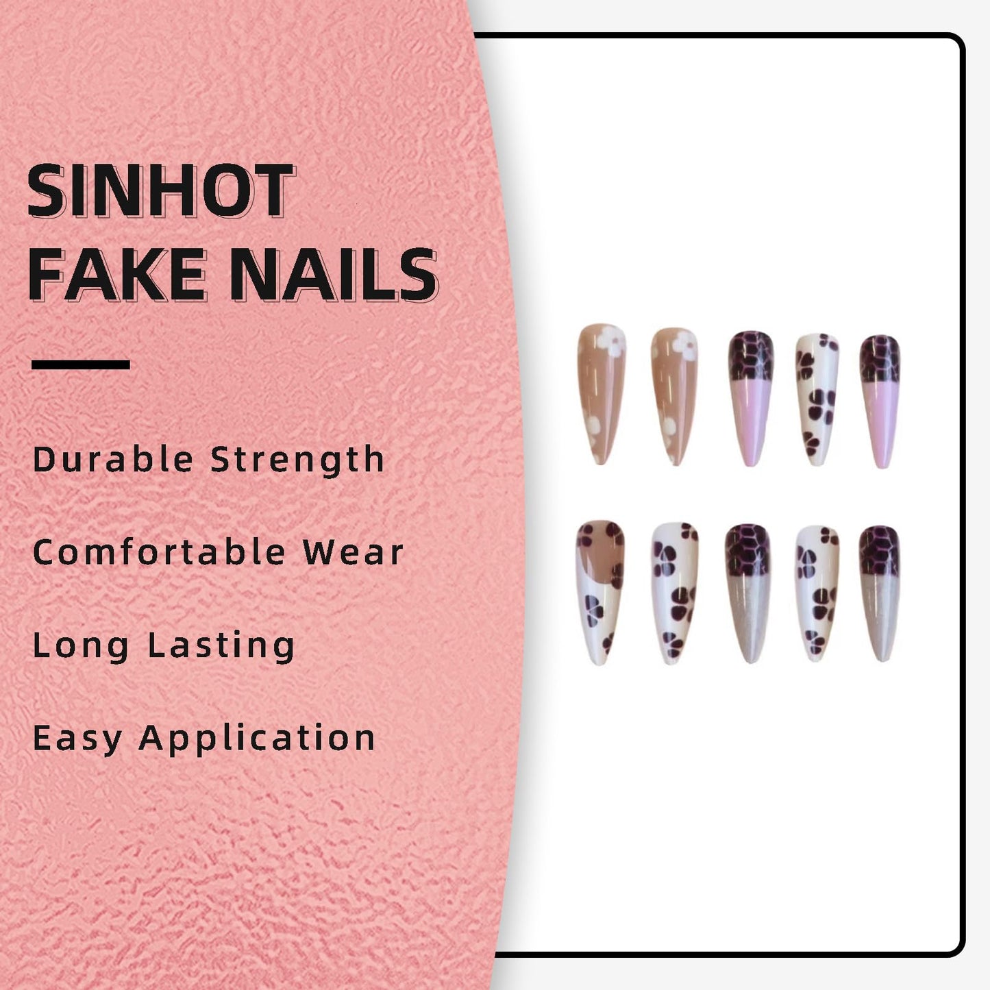 SINHOT Stiletto Press on Nails - Long Fake Nails, Glossy Finish, White Purple Flower & Glitter, Reusable Artificial False Nail Art - 24 Pcs Nail Kit with Glue