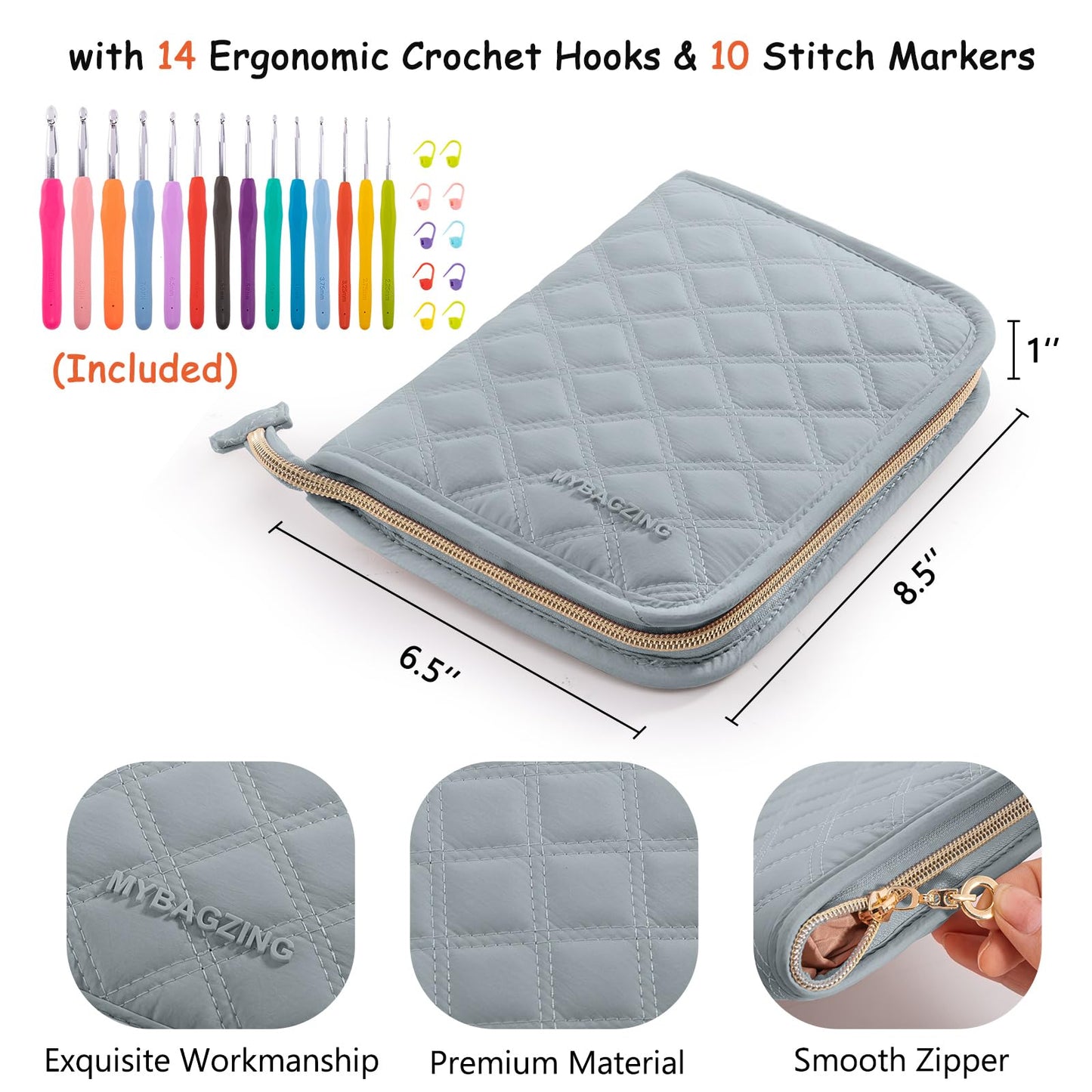 MYBAGZING Crochet Hook Set with Storage Case – 14 Ergonomic Crochet Hooks(2mm(B)-10mm(N), 10 Stitch Markers, Crochet Organizer for Crochet Needles, Accessories, and Supplies