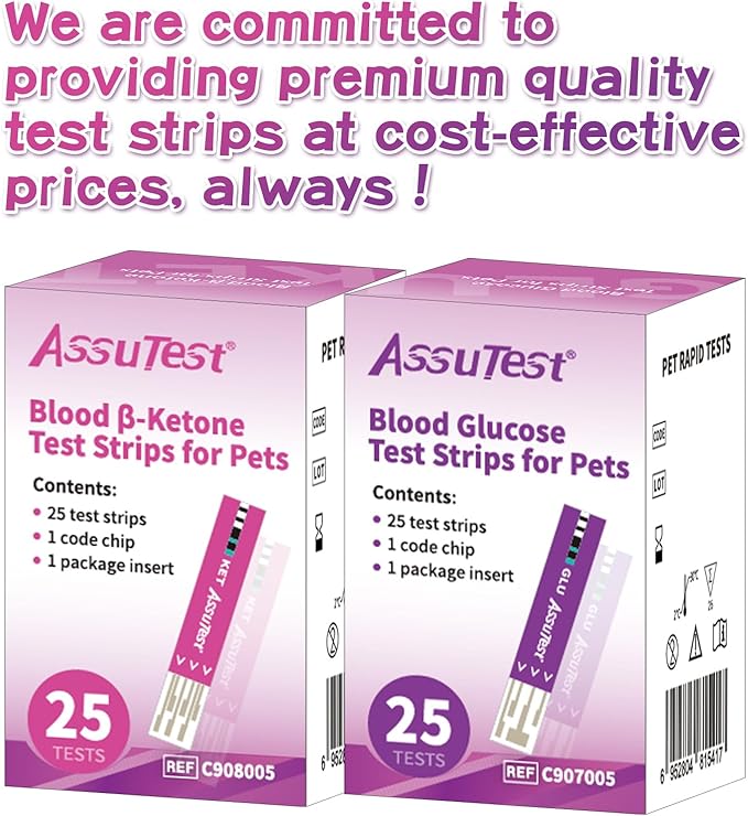 AssuTest® 25pcs Blood Glucose & 25pcs Blood Ketone Test Stips Combo for Pets Cats and Dogs Diabetic Ketoacidosis Testing Monitor Kit with 50 Lancets