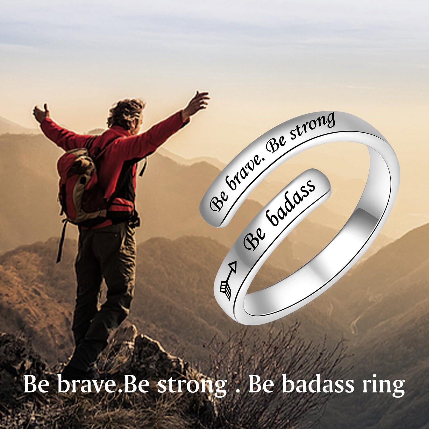 925 Sterling Silver Inspirational Jewelry Adjustable Wrap Open Ring Encouragement Gift for Women(Be brave. Be strong. Be badass)