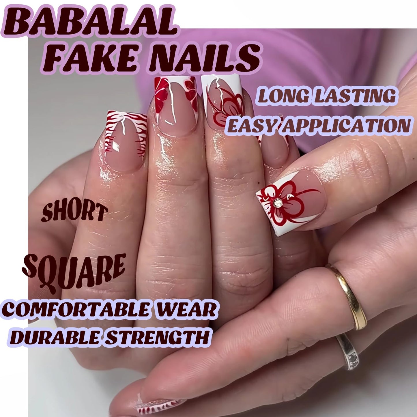 BABALAL Press on Nails Short Square Fake Nails White French Tip Glue on Nails Red Flower Acrylic Nails Glossy False Nails Art Design 24pcs Squoval Manicure Full Cover Artificial Nails for Women Girls