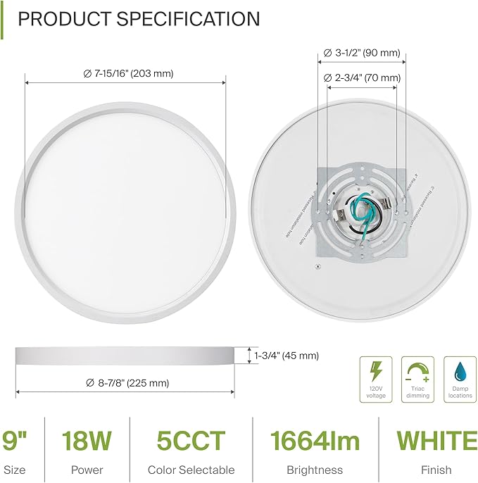 ASD LED 9" Round Flush Mount Ceiling Light Fixture, Low Profile Surface Lighting | 5CCT, Dimmable, Ultra-Thin, ETL Listed | 18W 1660LM 2700-6000K 120V | Kitchen, Bedroom, Hallway Lamp | White, 12 Pack
