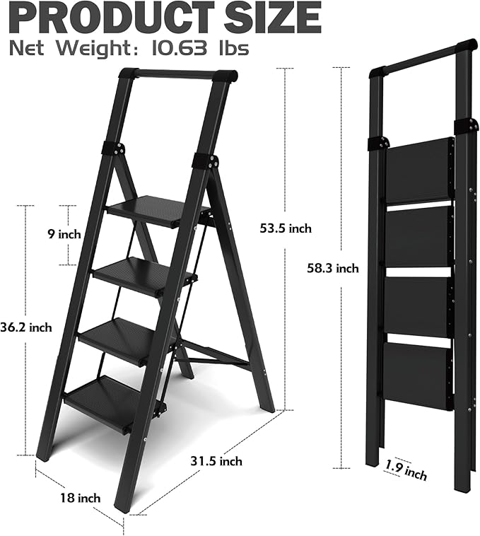 Taranta 4 Step Ladder,Liahtweight Aluminum Laddewith Handgrip, Portable Folding Stepladder with Anti-SlipPedalfor Home, Ofice, Kitchen 330lbs - Black