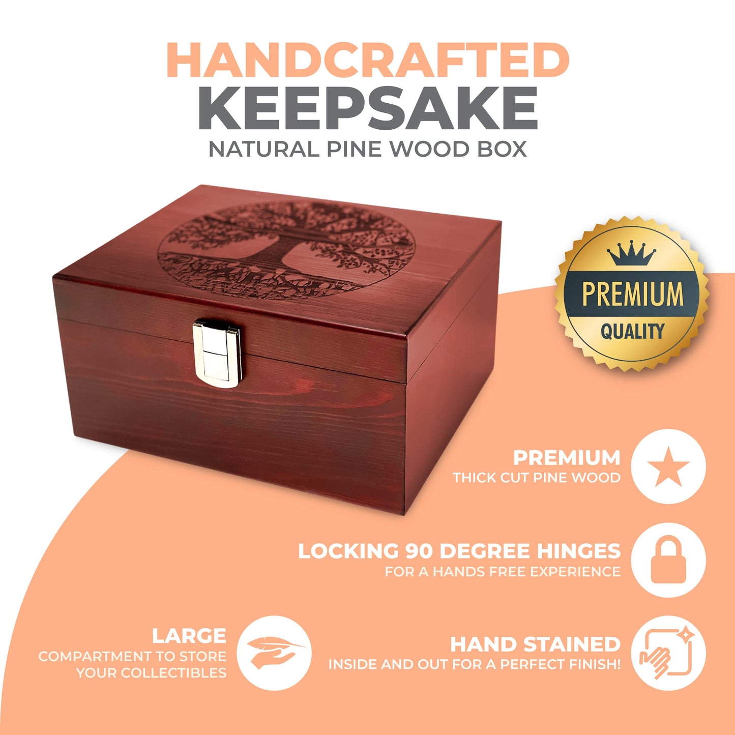 Blake & Lake Tree of Life Large Wooden Decorative Box - Wooden Keepsake Box with Hinged Lid and Metal Latch Wood Storage Boxes with Lid Engraved Design (Dark Pine Wood)