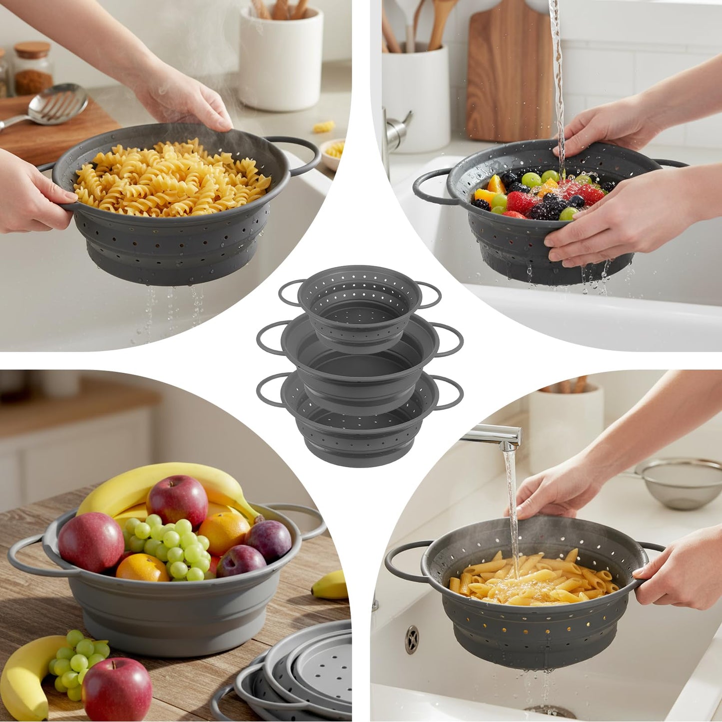Afarnook 3 Pack Collapsible Colander with Strainer Bowl Set, 11 & 13 In BPA-Free Silicone Colanders for Kitchen, Heat-Resistant Space-Saving Strainer Dishwasher Safe Baskets for Vegetable Fruits(Grey)