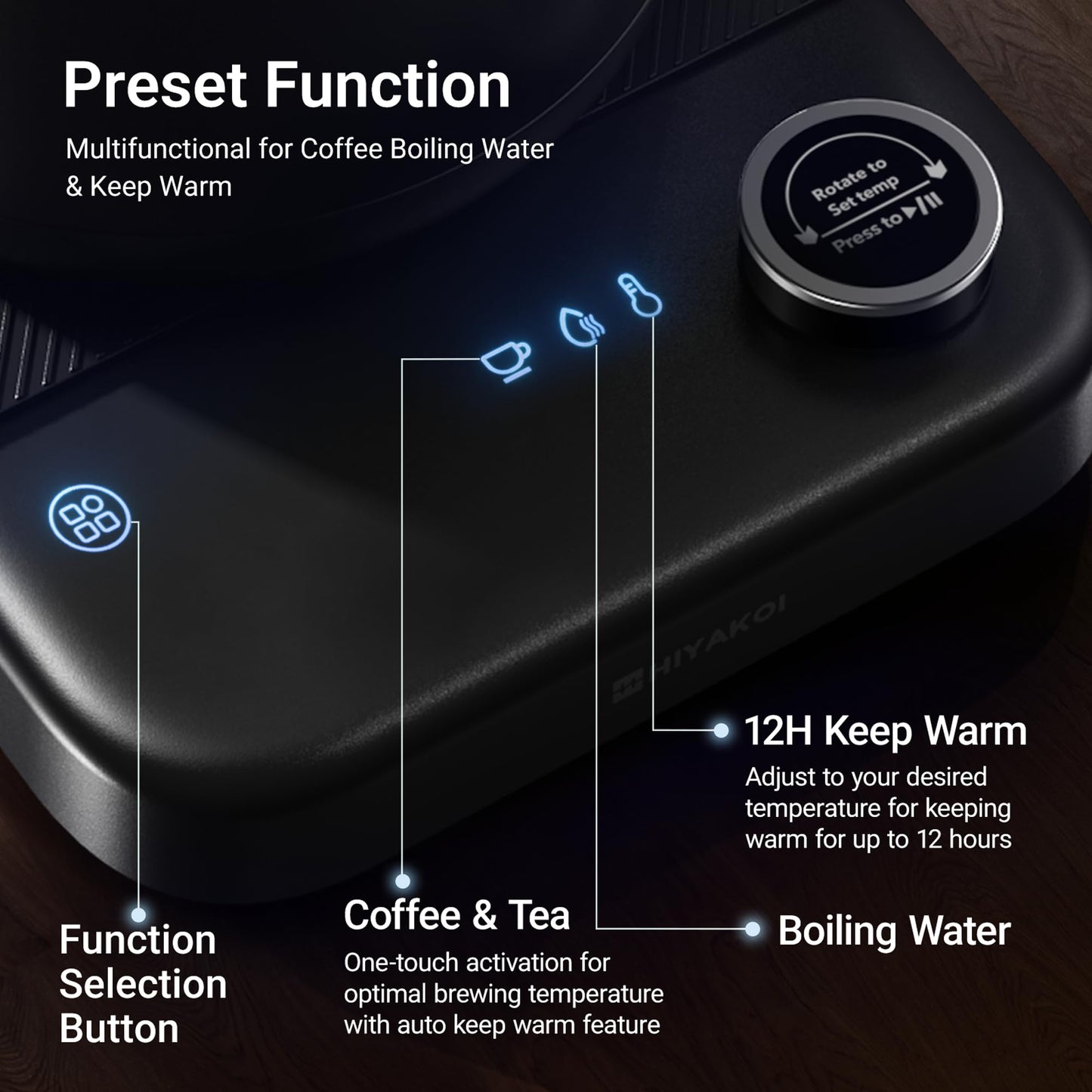 Gooseneck Electric Kettle HIYAKOI with ±1℉ Temperature Control, Pour Over Kettle for Coffee & Tea, 1200W Rapid Heating, Stainless Steel Water Boiler with 12H Keep Warm & Built-in Timer, 0.8L/27oz