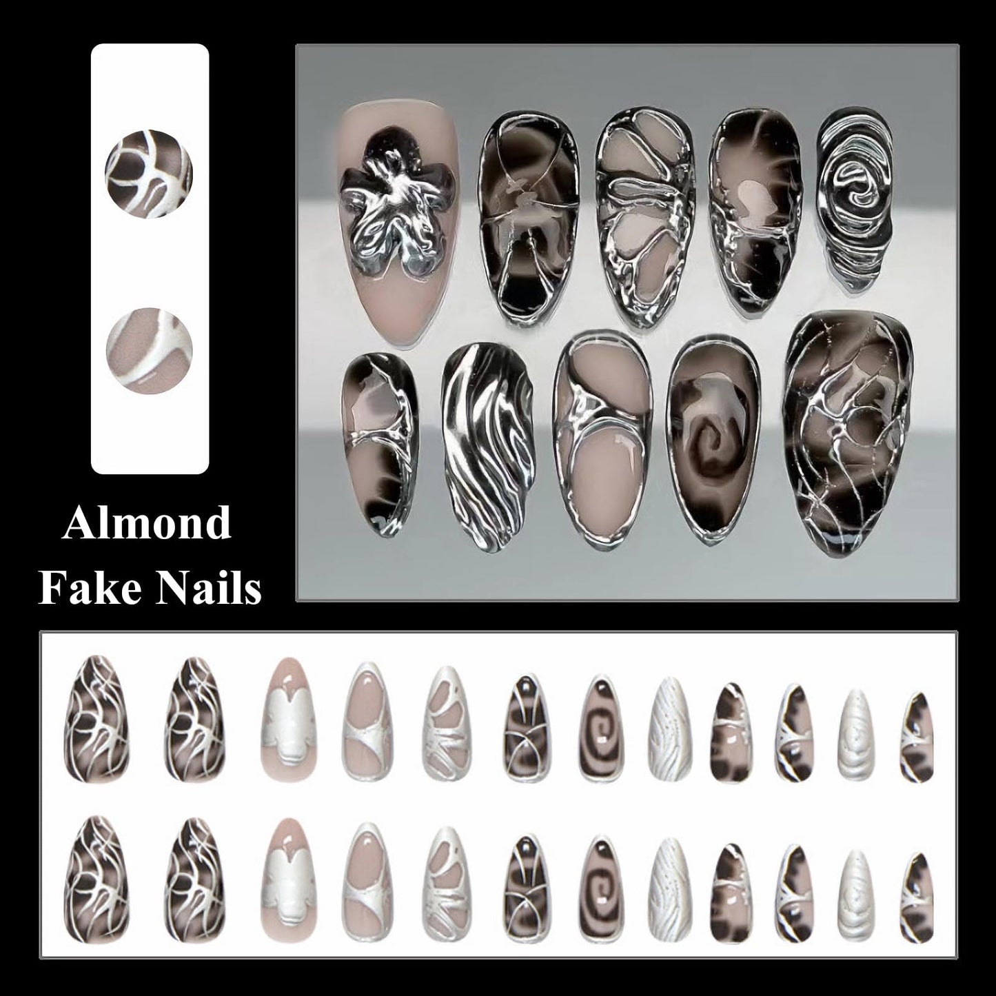 MISUD Press on Nails - Medium Almond Fake Nails with Goth Black Acrylic Silver Chrome Design 24 pcs