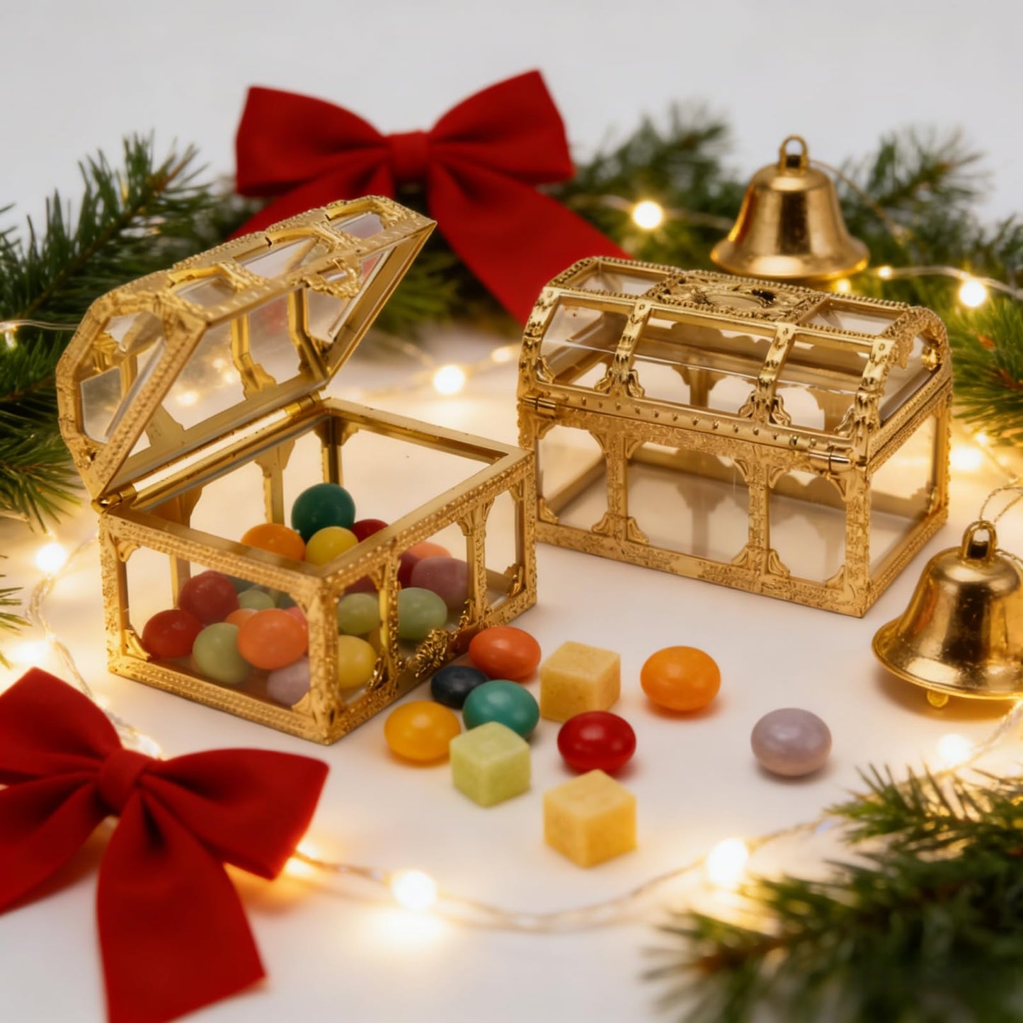 HAN SHENG 12 Pack Plastic Treasure Chest Candy Boxes - 2.9"x2.0" Transparent Empty Gift Favor Boxes for Wedding, Christmas, Birthday Party (Gold)