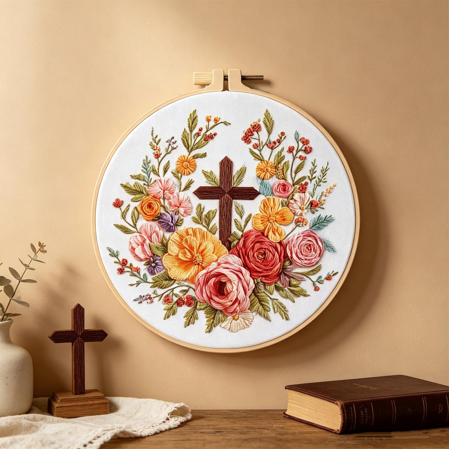 ZGEZGE Cross and Flower Embroidery Beginner Kit – Christian Embroidery, Includes Embroidery Hoop, pre-Printed Cotton Fabric, Scissors, Threader, and unraveler – Easter Gifts and Home Decor