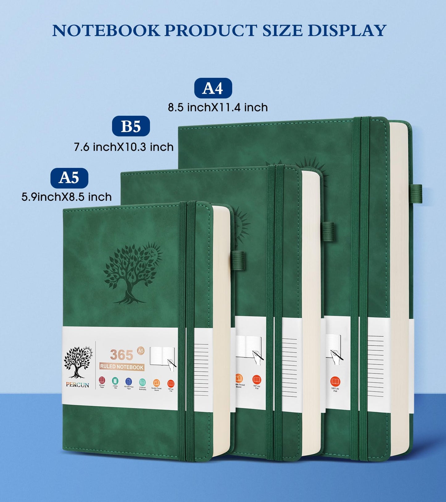 PERCUN A4 Lined Journal Notebook，365 Page Large Leather Journals for Writing Women Men，Hardcover Notebook with 100Gsm Thick Pages for Travel，Work，School，College Ruled, Daily Diary (8.5" x 11.4")