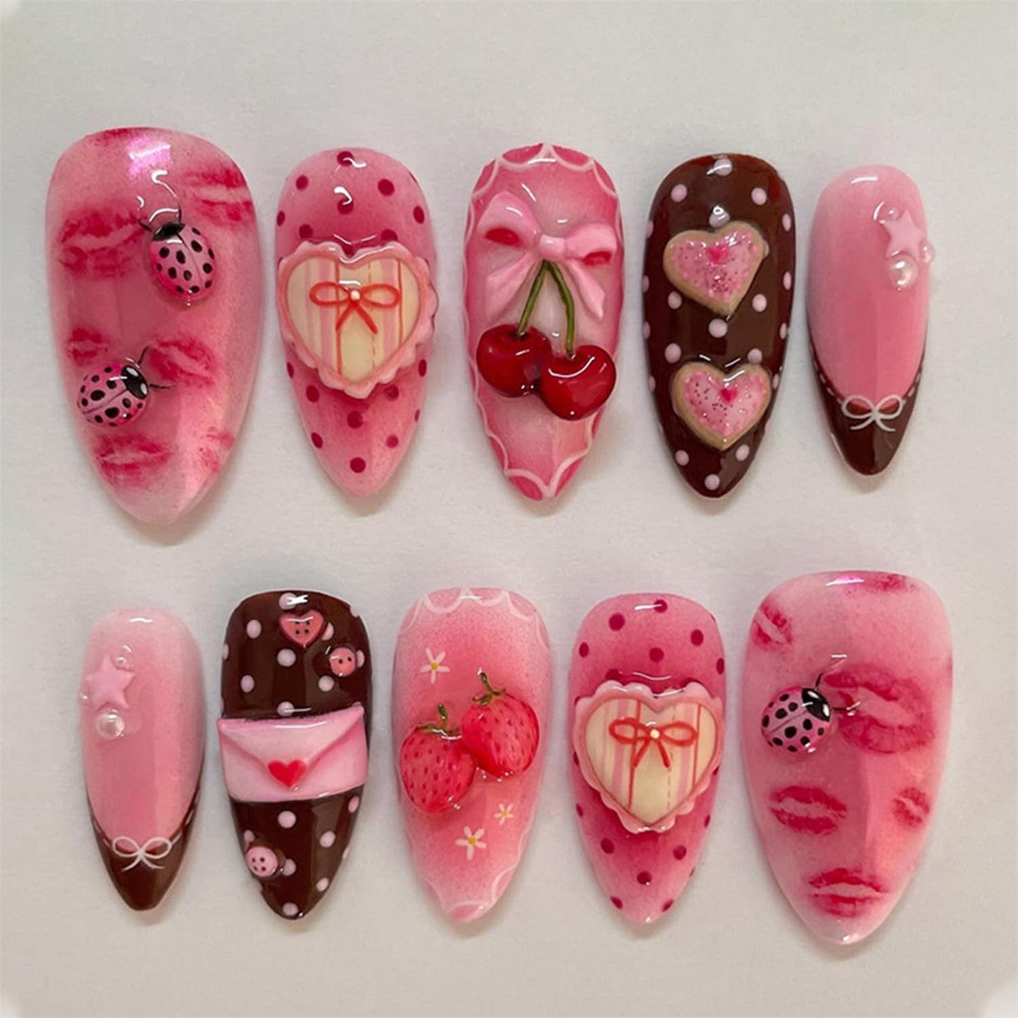30Pcs Romantic Valentines Press on Nails Medium Almond Fake Nails with 3D Cherry Heart Bow Pearl Designs Cute Glue on Nail Sexy Red Lips False Nails Pink Acrylic Full Cover Stick on Nail for Women