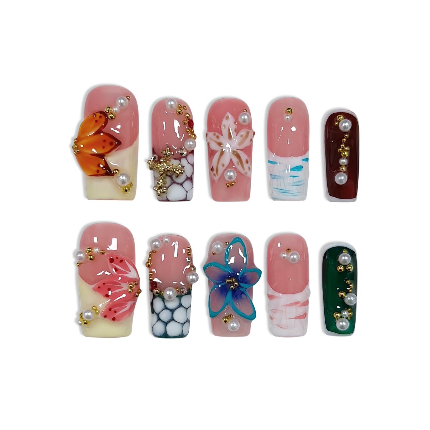 TENPAL Colorful French Tip Press on Nails Medium Coffin Square with 3D Shell Ocean Designs,Handmade Removable Glitter Salon Acrylic False Nails for Women Daily Wear 10pcs(M)