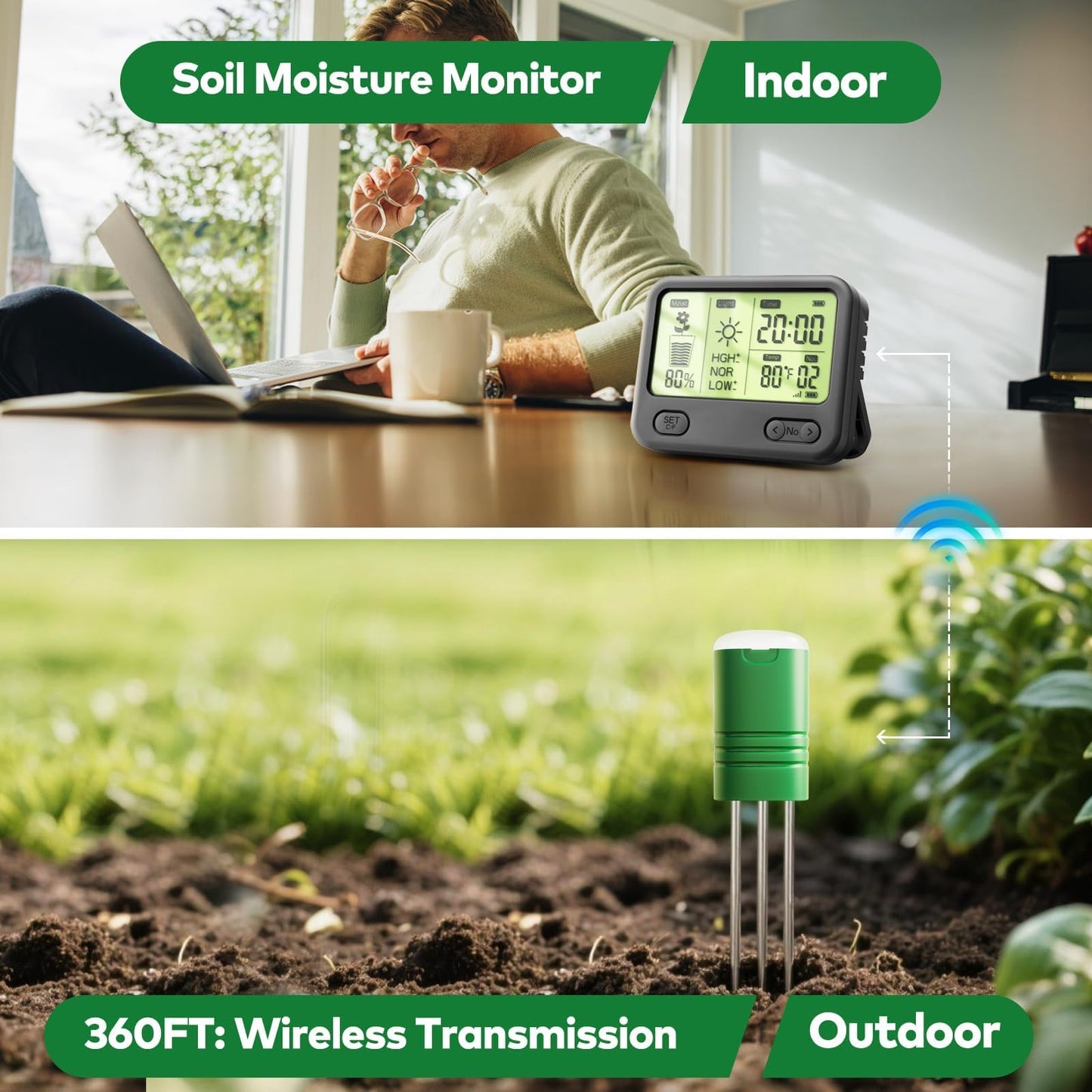 VODESON Soil Moisture Meter for Plants, Multi-Zone Wireless Soil Test Kit & Soil Thermometer, TDR4-in-1 Plant Water Meter, 230ft RF, IPX5 Waterproof, Indoor Outdoor Garden Lawn Farm(Display+2Sensor)