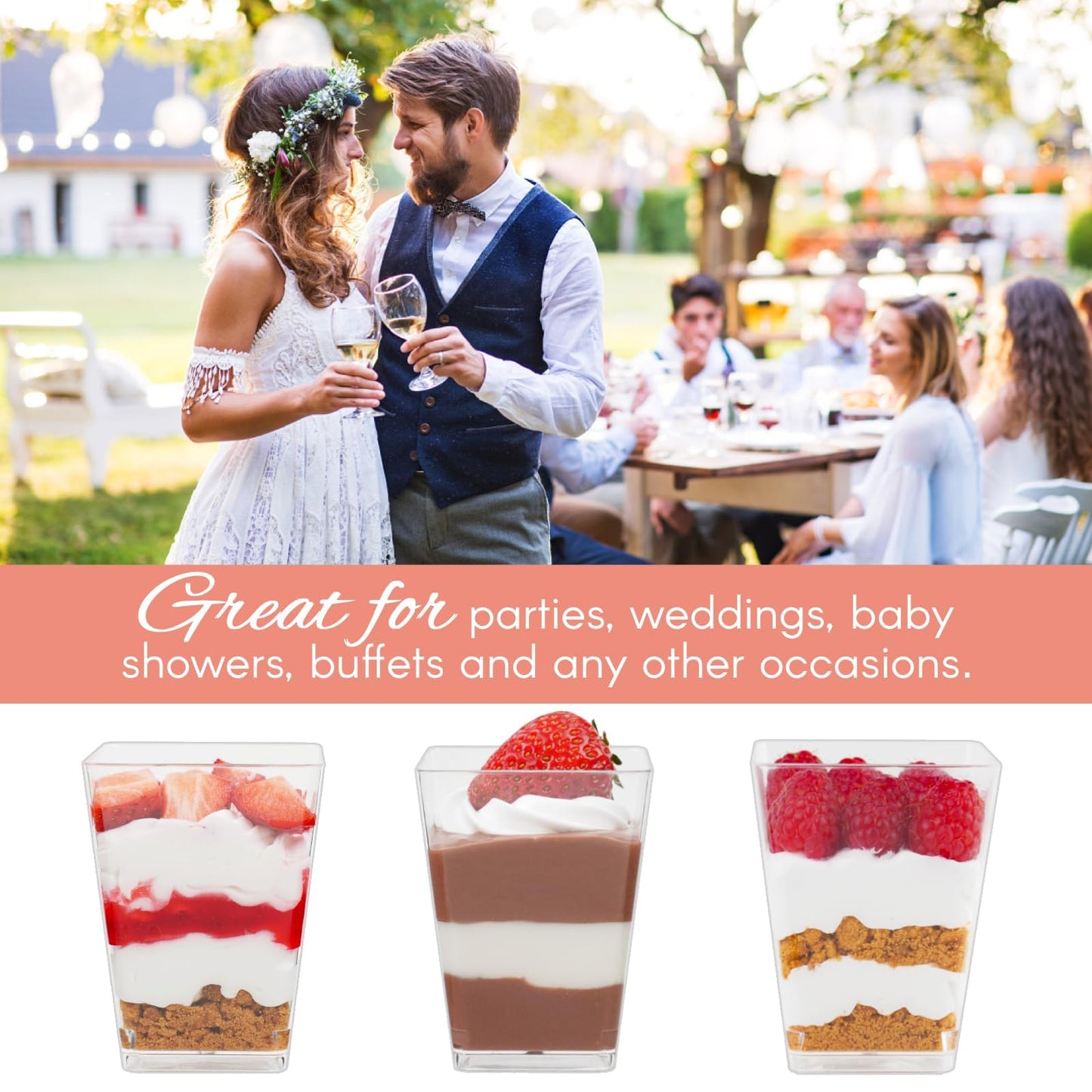 Zezzxu 5 oz Square Mini Dessert Cups with Spoons - 50 Pack Plastic Pudding & Parfait Cups Party Dessert Shooters for Serving Trifle Mousse Cake Appetizers