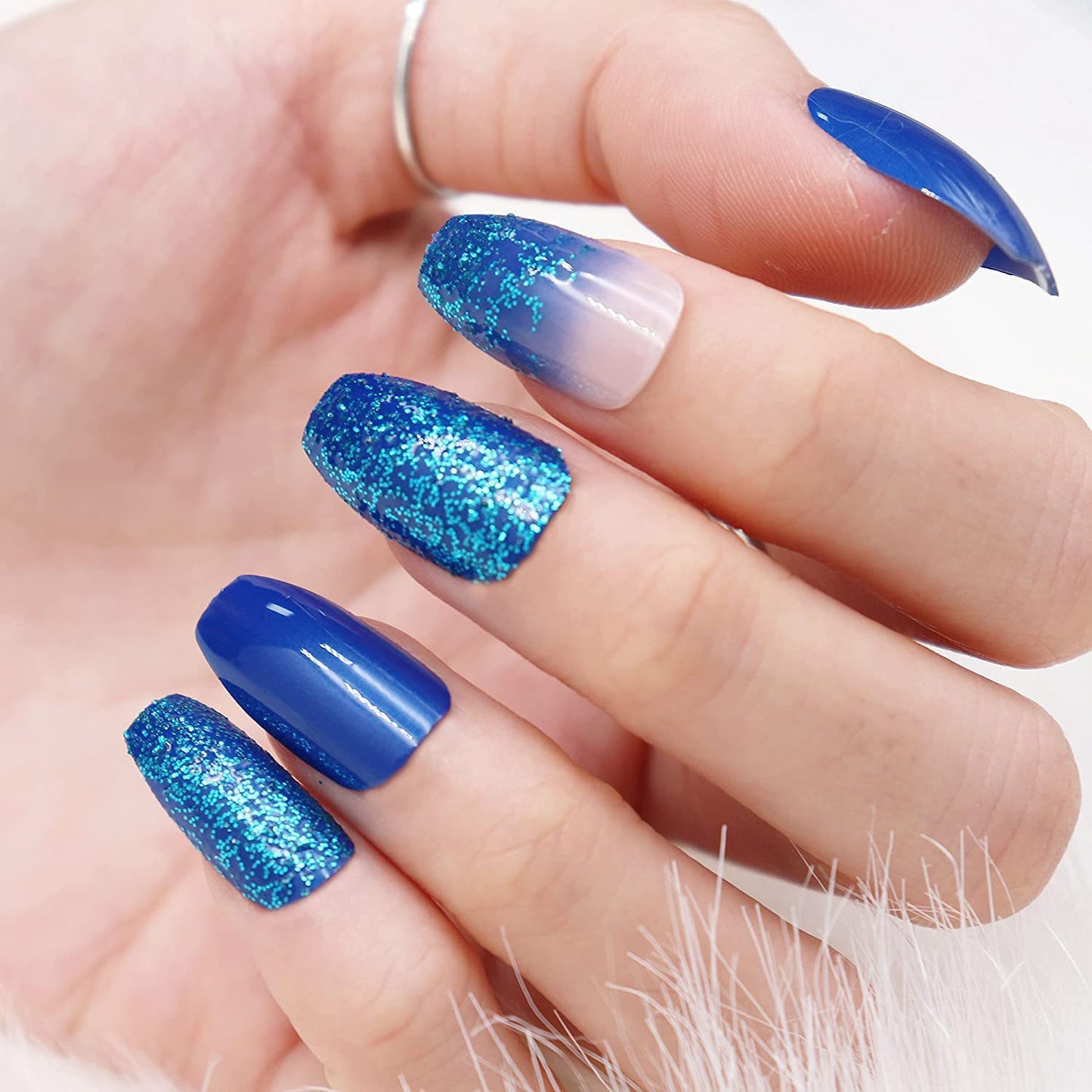 MISUD Press on Nails - Medium Coffin Glue on Nails with Blue Ombre, Acrylic Bling Glitter Design 24 pcs