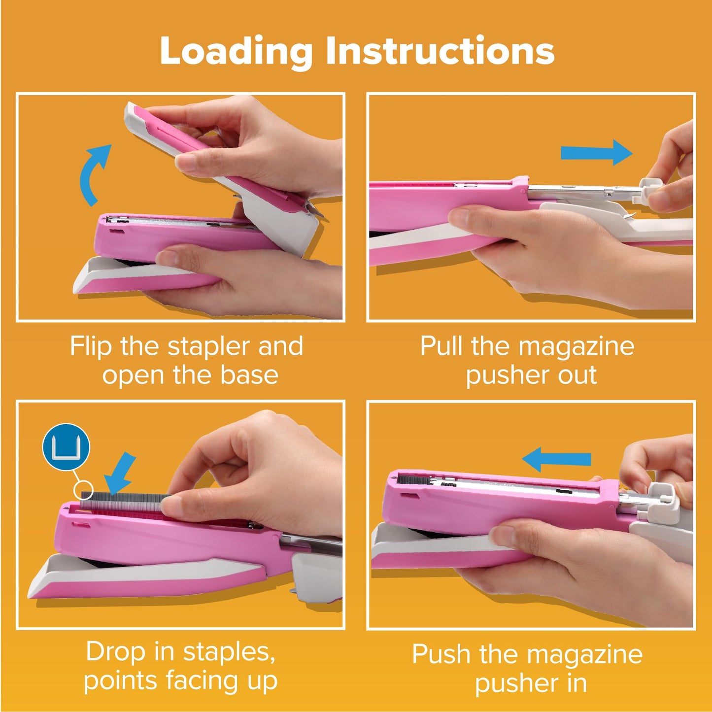 Bostitch Office InPower Spring-Powered Desktop Stapler, 20 Sheet Capacity, One Finger Stapling, Includes 210 Staples, Jam Free, Opens for Tacking, Breast Cancer Awareness Pink