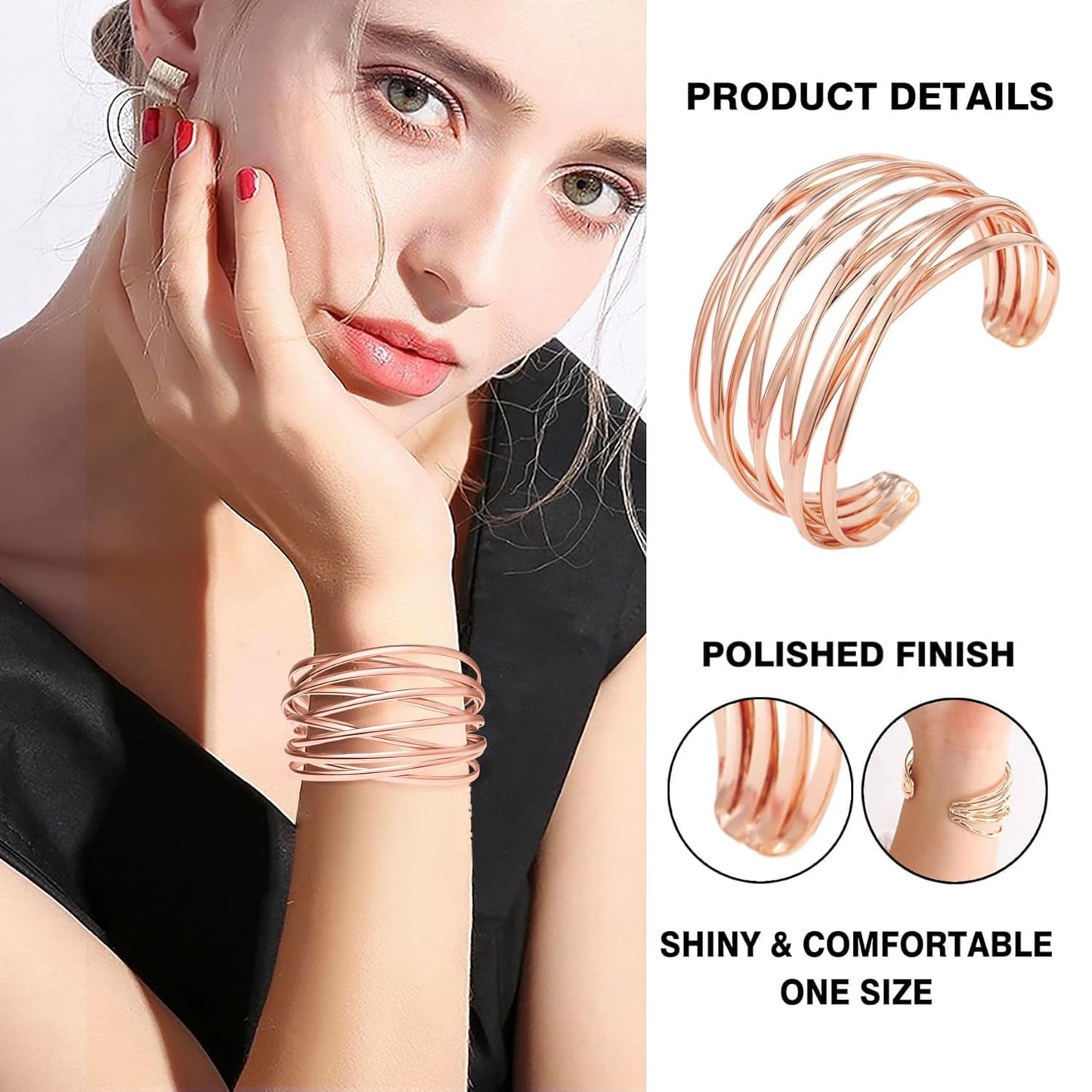 SELFWIMG Rose Gold Cuff Bangle Bracelet for Women Trendy Multi-layer Wire Warp Bangle Bracelet Wide Open Chunky Cuff Bracelets Boho Twisted Wrist Accessories Jewelry Gifts