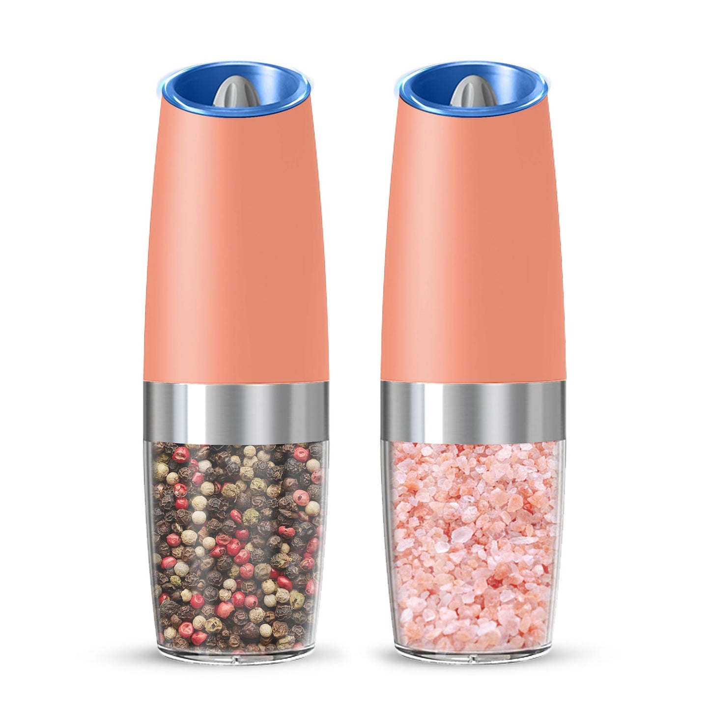 KIARYUOLL Gravity Electric Salt And Pepper Grinder Set, Automatic Salt And Pepper Grinder Set, Battery Powered (6 AAA Batteries Each), Adjustable Roughness, LED Light, 2 Pack, (Pink)