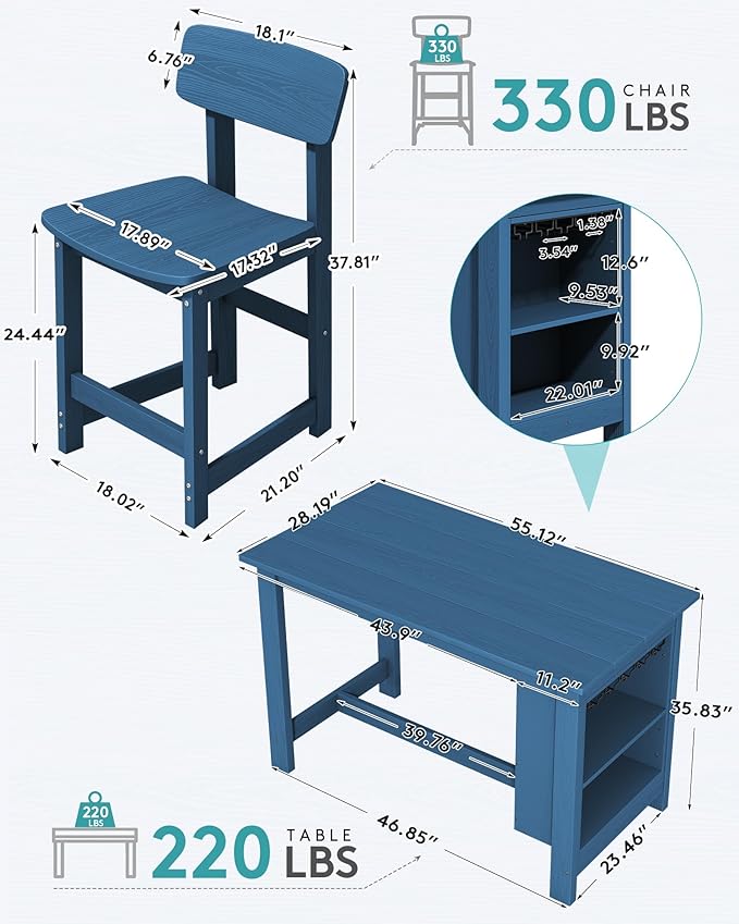 SERWALL 3-Piece Outdoor Counter Height Bar Set, HDPE Patio Bar Table with Wine Rack & Storage Shelf, 2 All-Weather Bar Stools, Patio Bar Dining Furniture Set for 3, Blue