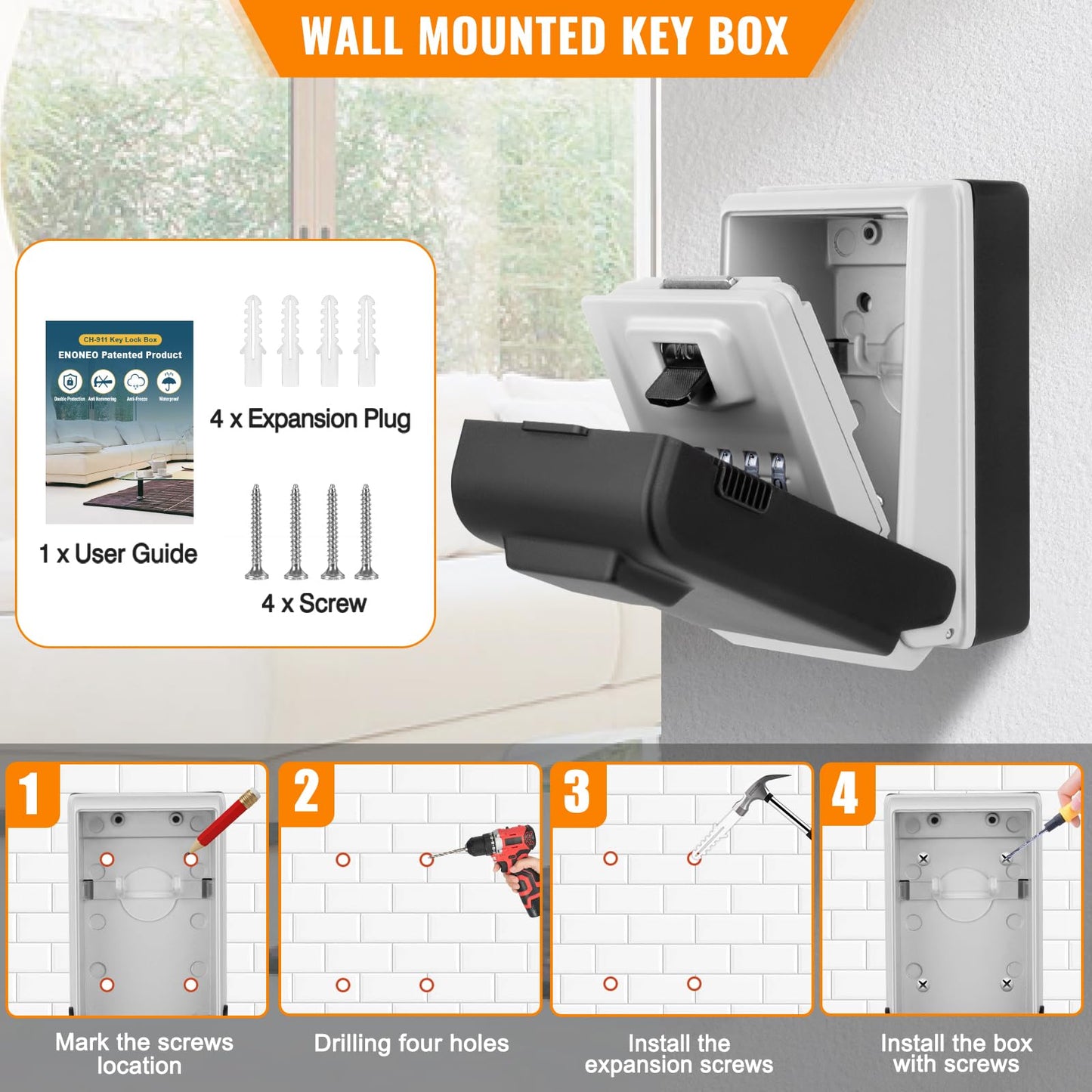HUANLANG Key Lock Box Wall Mount - Outdoor Combination Lock Box with 6 Dials Light Up, Waterproof Key Safe Large Capacity for House Office Garage School