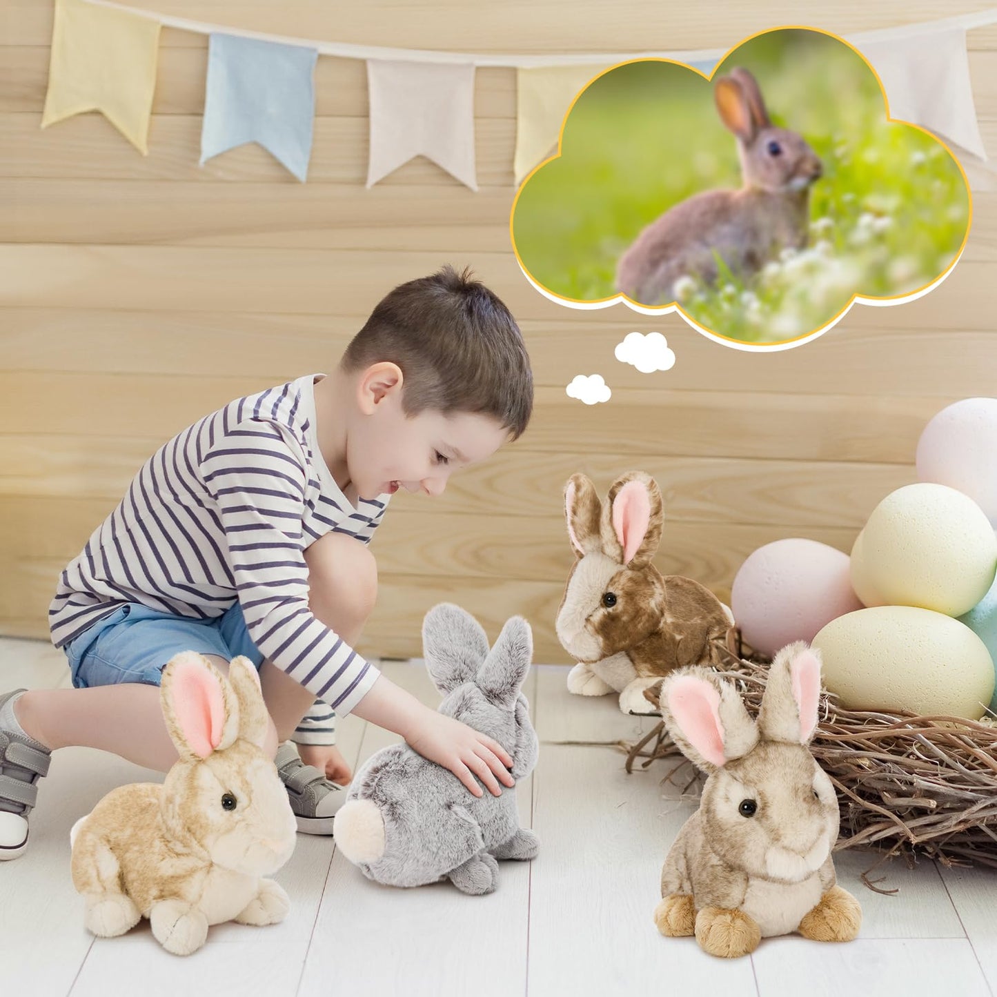 Tezituor 4 Pcs Realistic Rabbit Stuffed Animals Set, 9 Inch Big Stuffed Baby Bunny Plush Bulk for Party Easter Decoration, Cute Fluffy Easter Bunny Rabbit Plush for Boys Girls